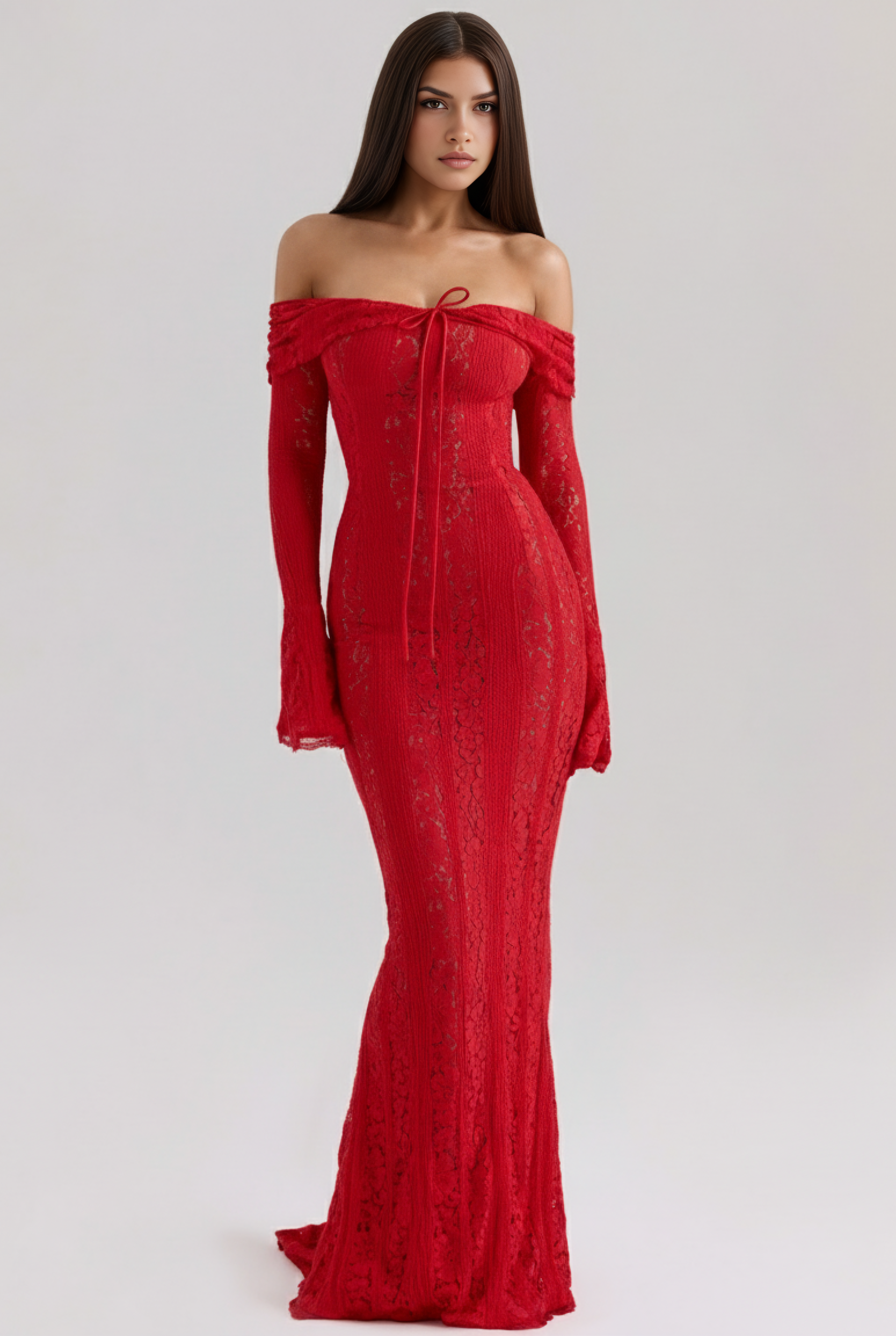 Abito maxi Alessandra pizzo floreale rosso Bella di Roma – vista frontale