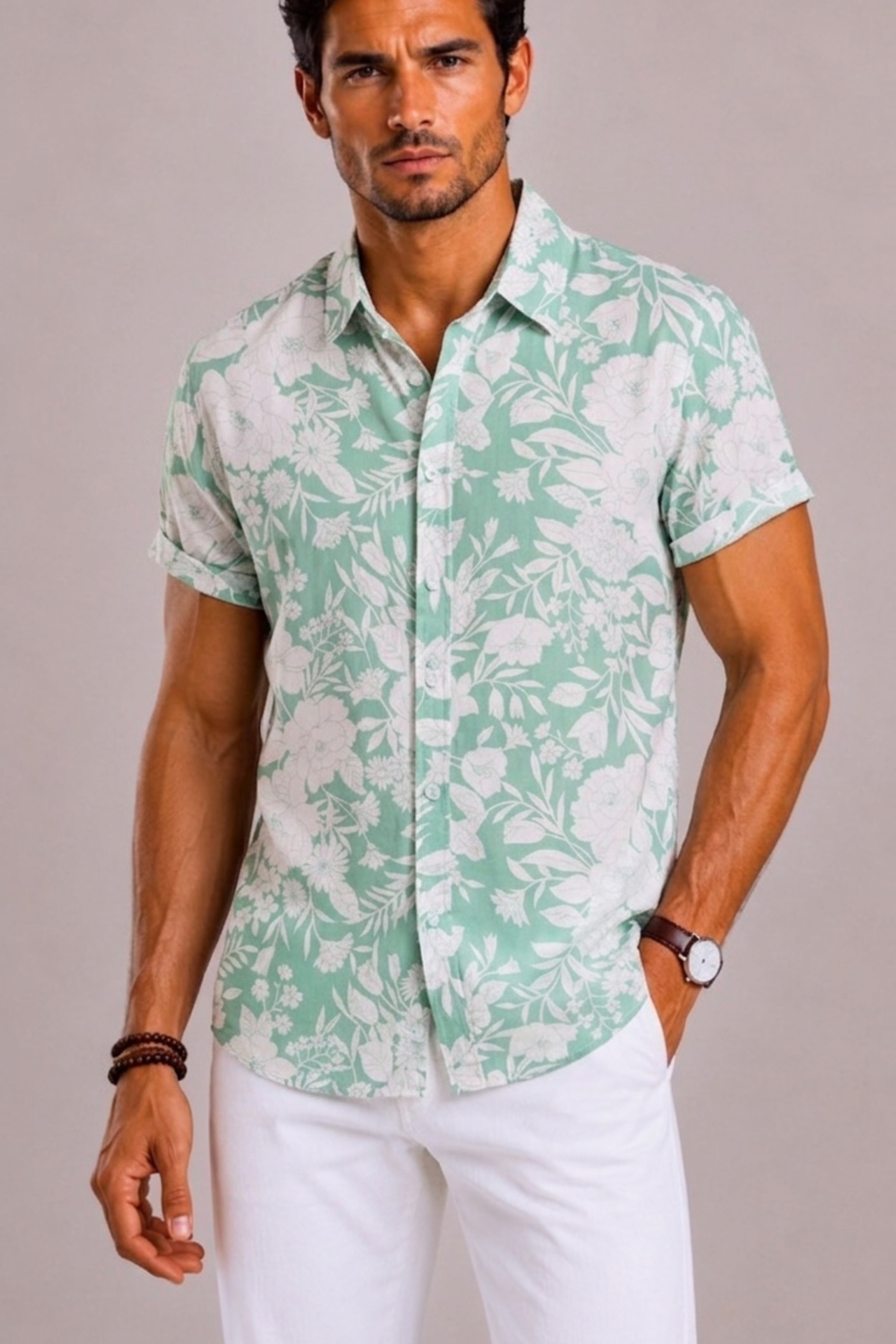 Camicia Uomo con Stampa Floreale Tropicale a Maniche Corte | Bella di Roma