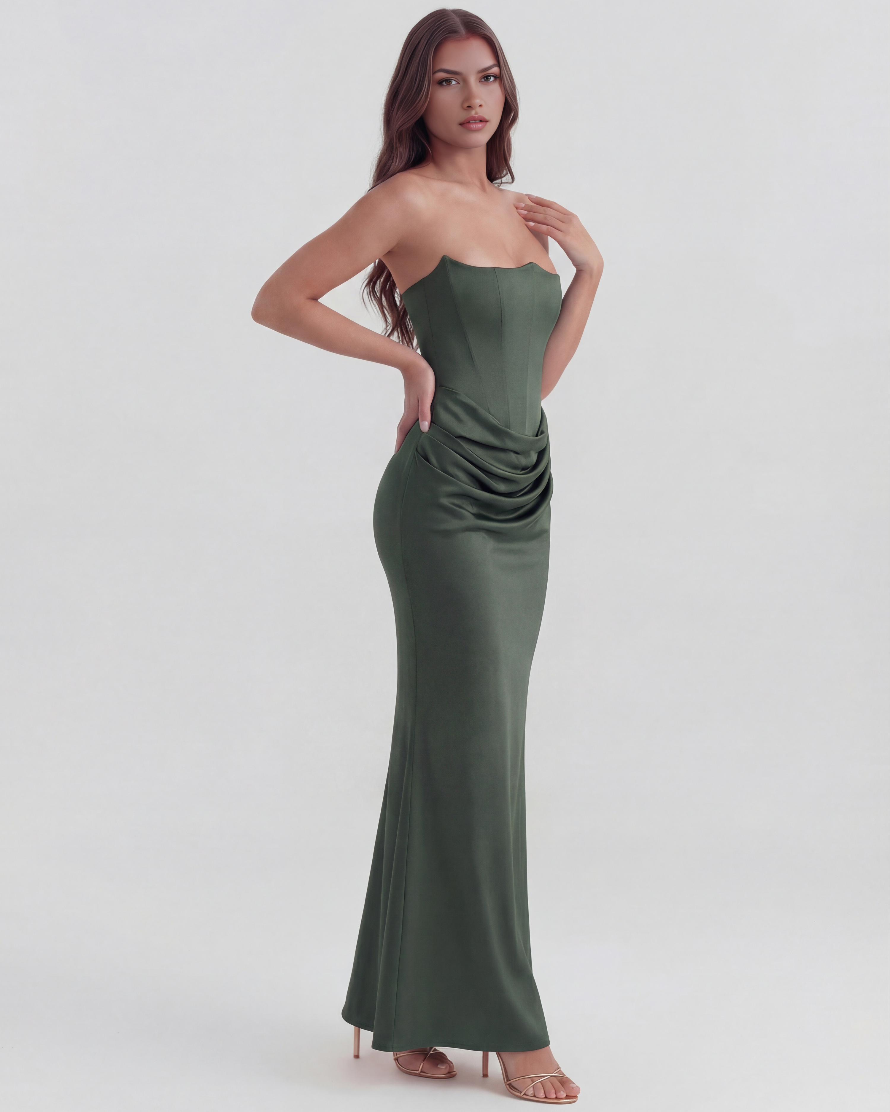 Abito midi Rosalind verde foresta corsetto Bella di Roma – zip retro