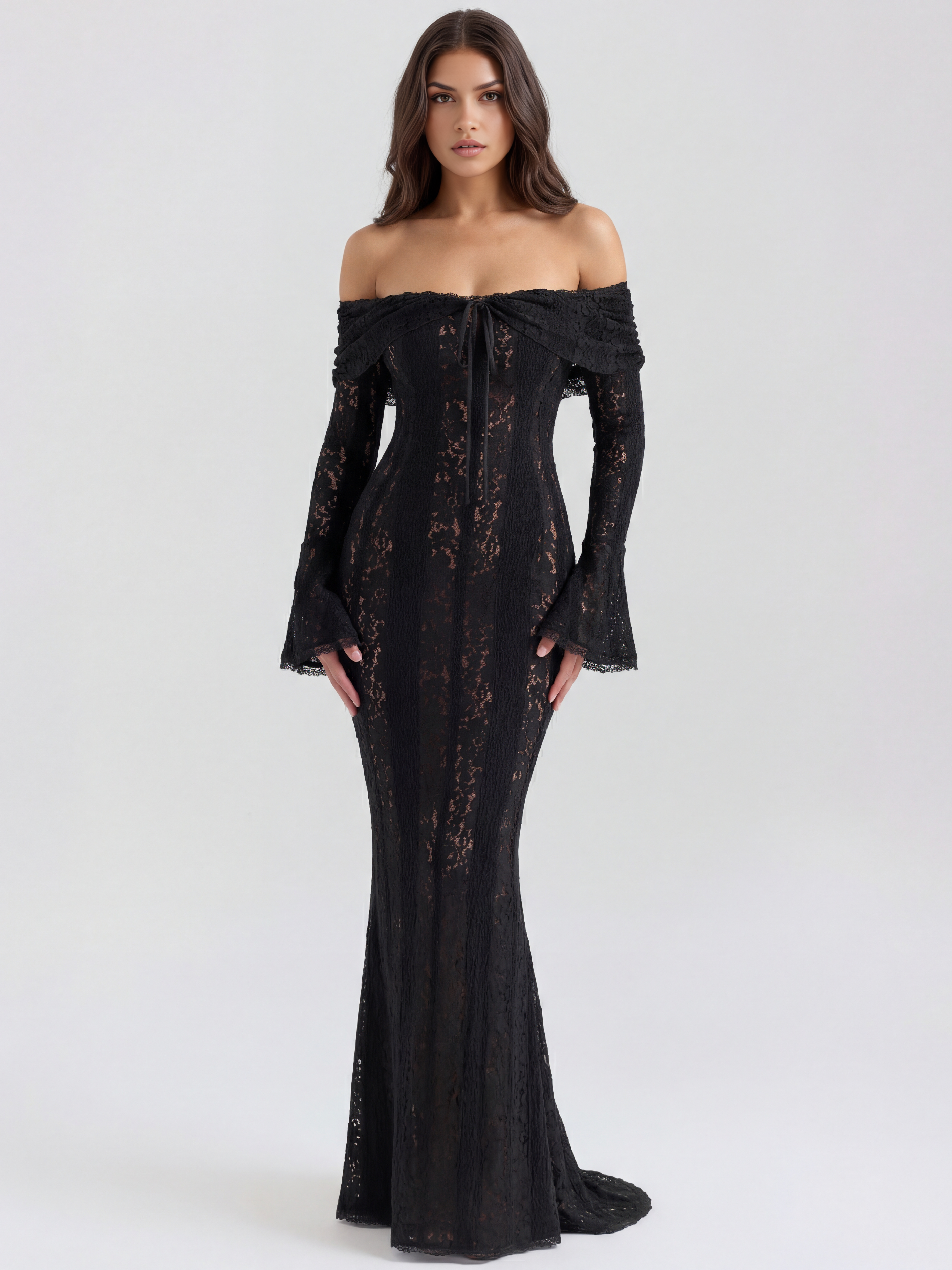 Abito maxi Alessandra nero pizzo off-shoulder Bella di Roma – vista frontale