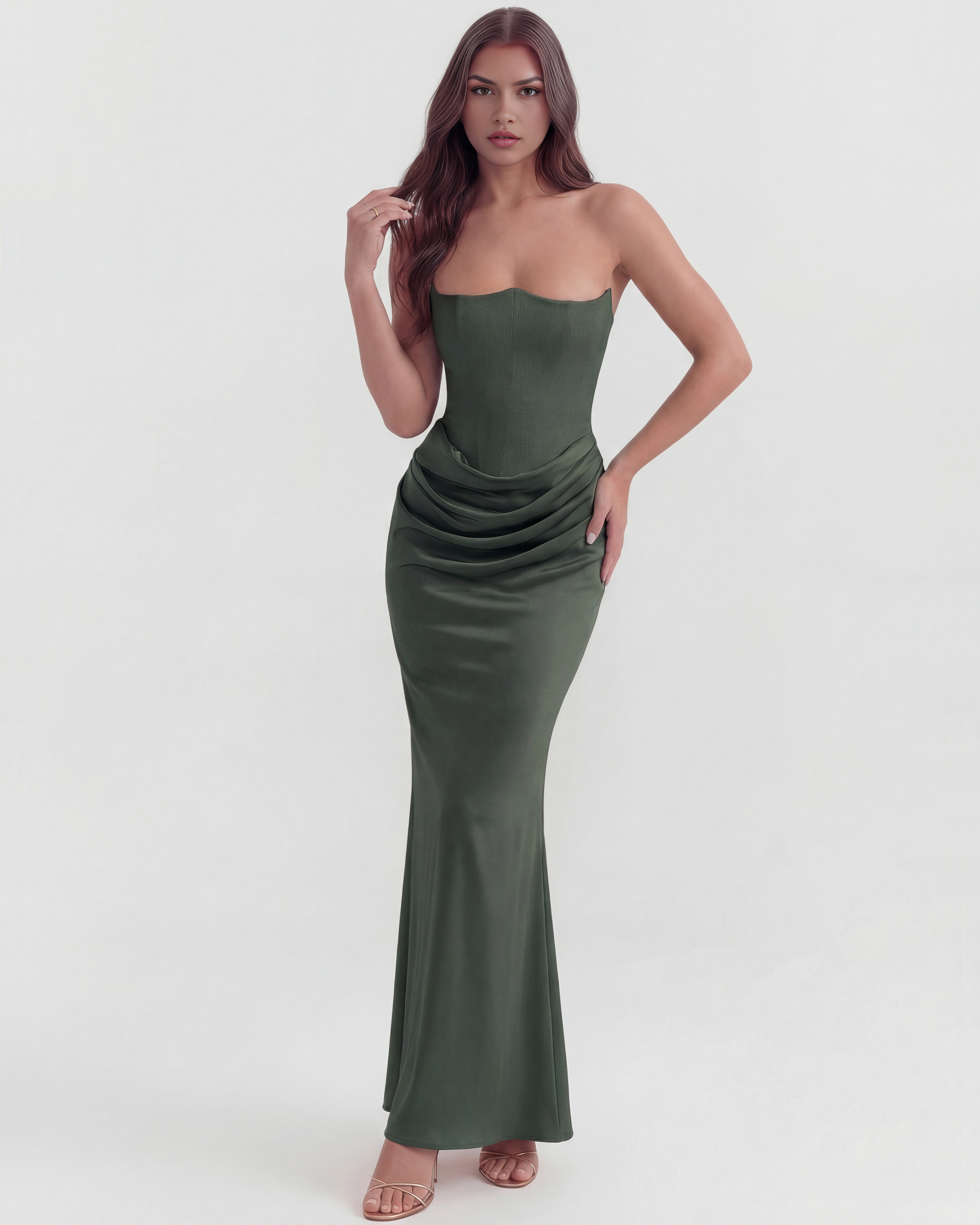Abito midi Rosalind verde foresta corsetto Bella di Roma – vista frontale