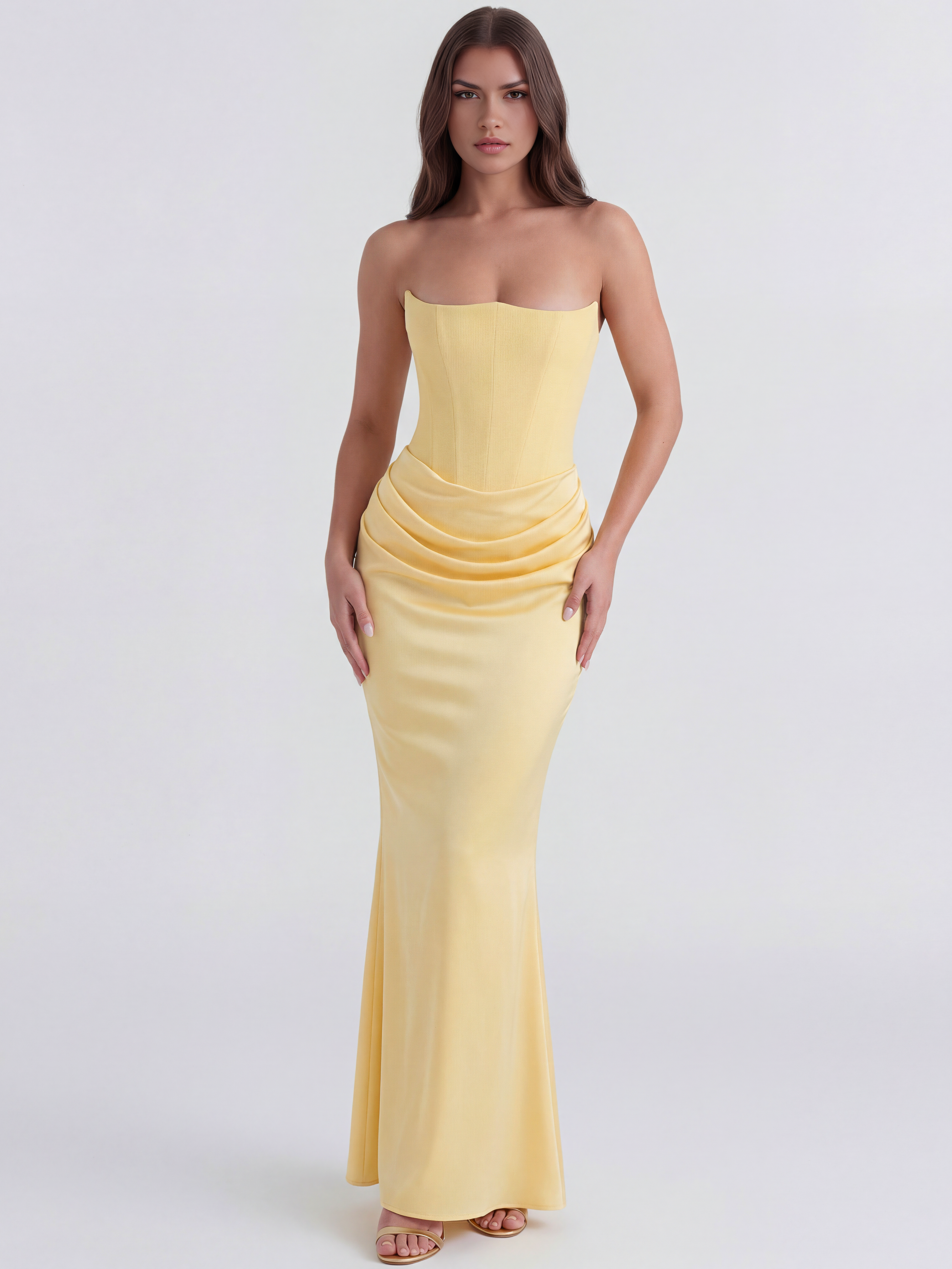 Abito Midi Rosalind Giallo Burro Corsetto Bella di Roma – vista frontale