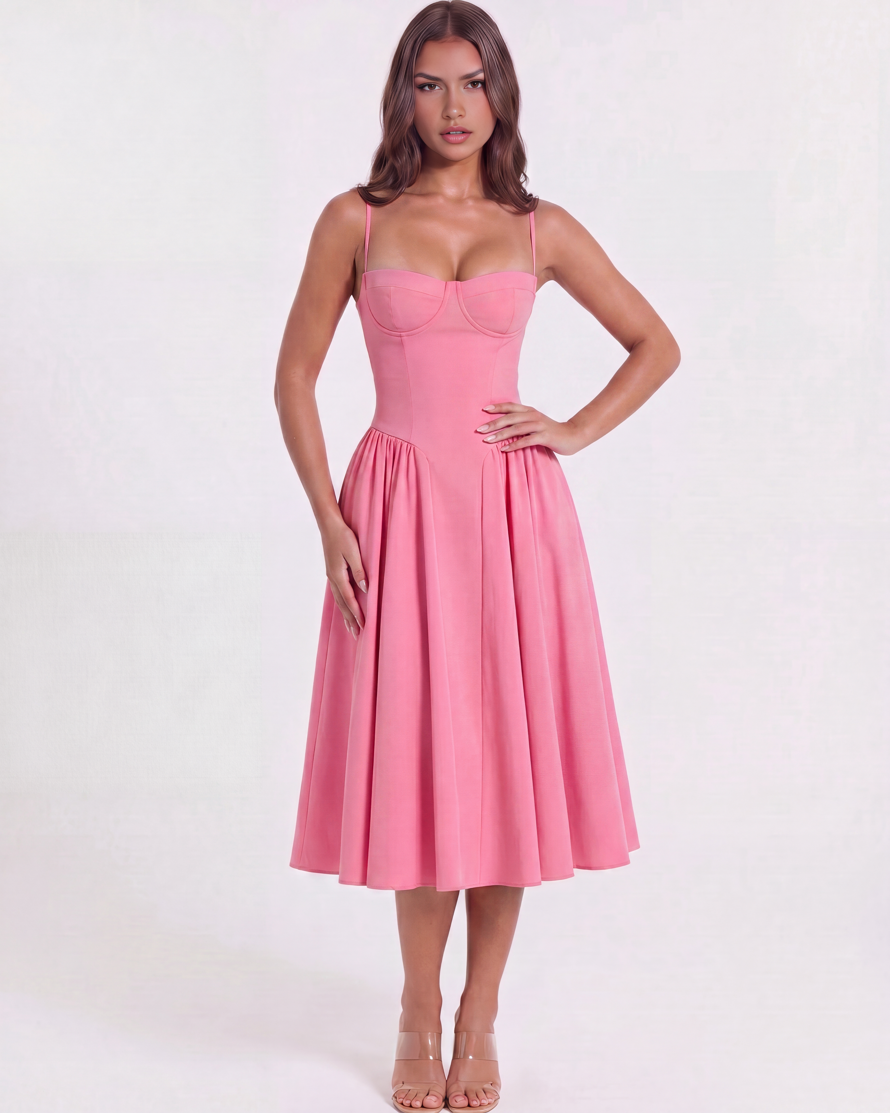 Abito midi Francesca twill rosa Bella di Roma – corpetto strutturato