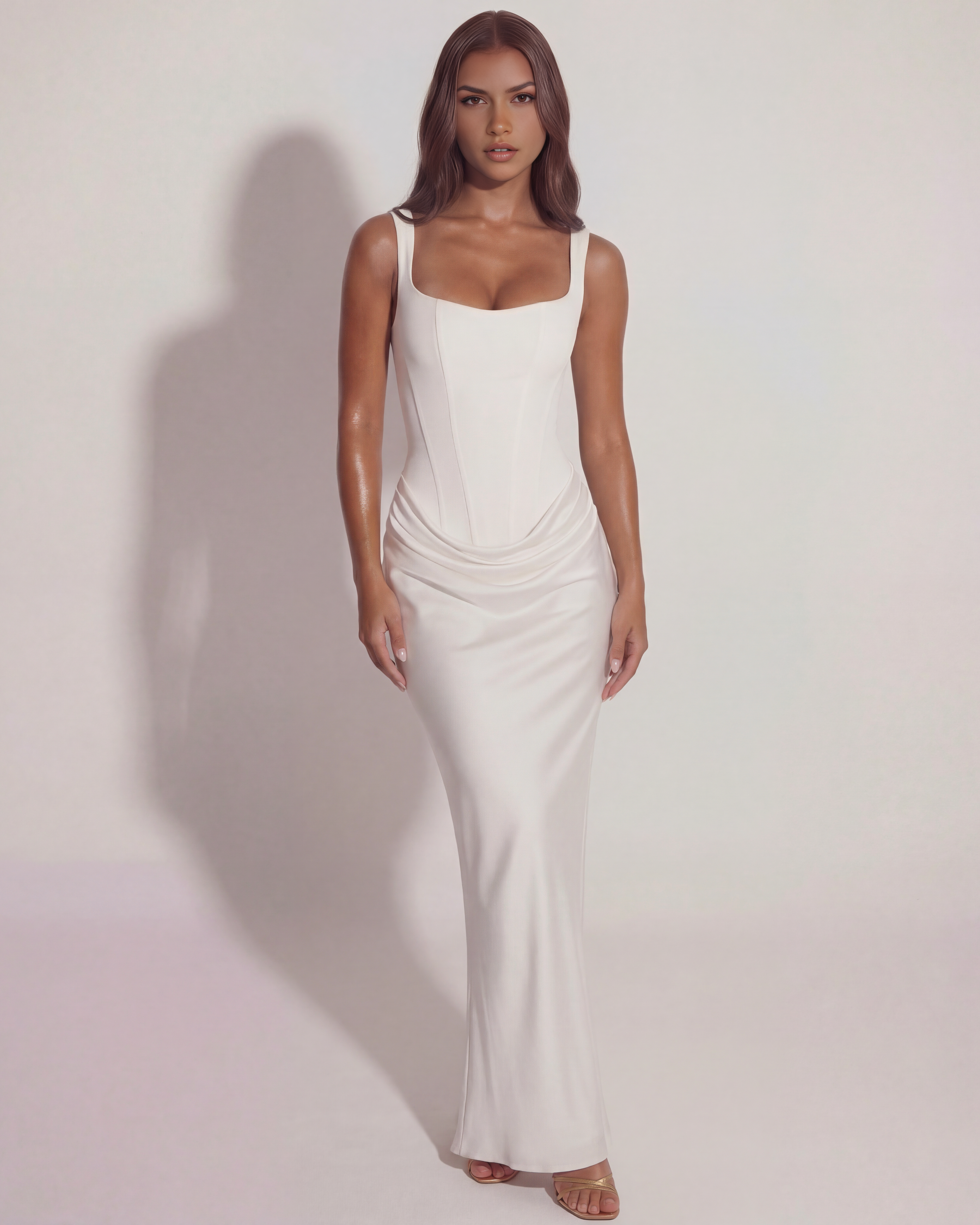 Abito maxi Eleonora bianco satin Bella di Roma – taglie XS-XL