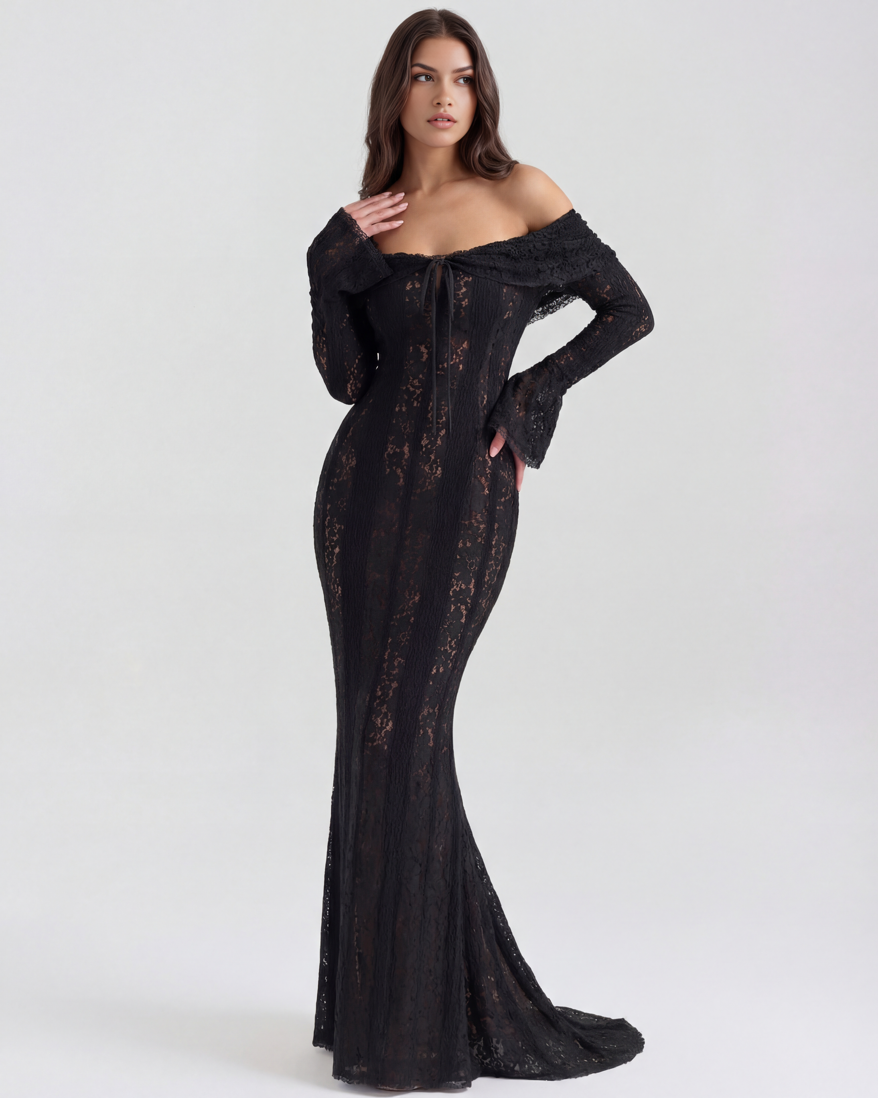 Abito maxi Alessandra nero pizzo off-shoulder Bella di Roma – gonna godet