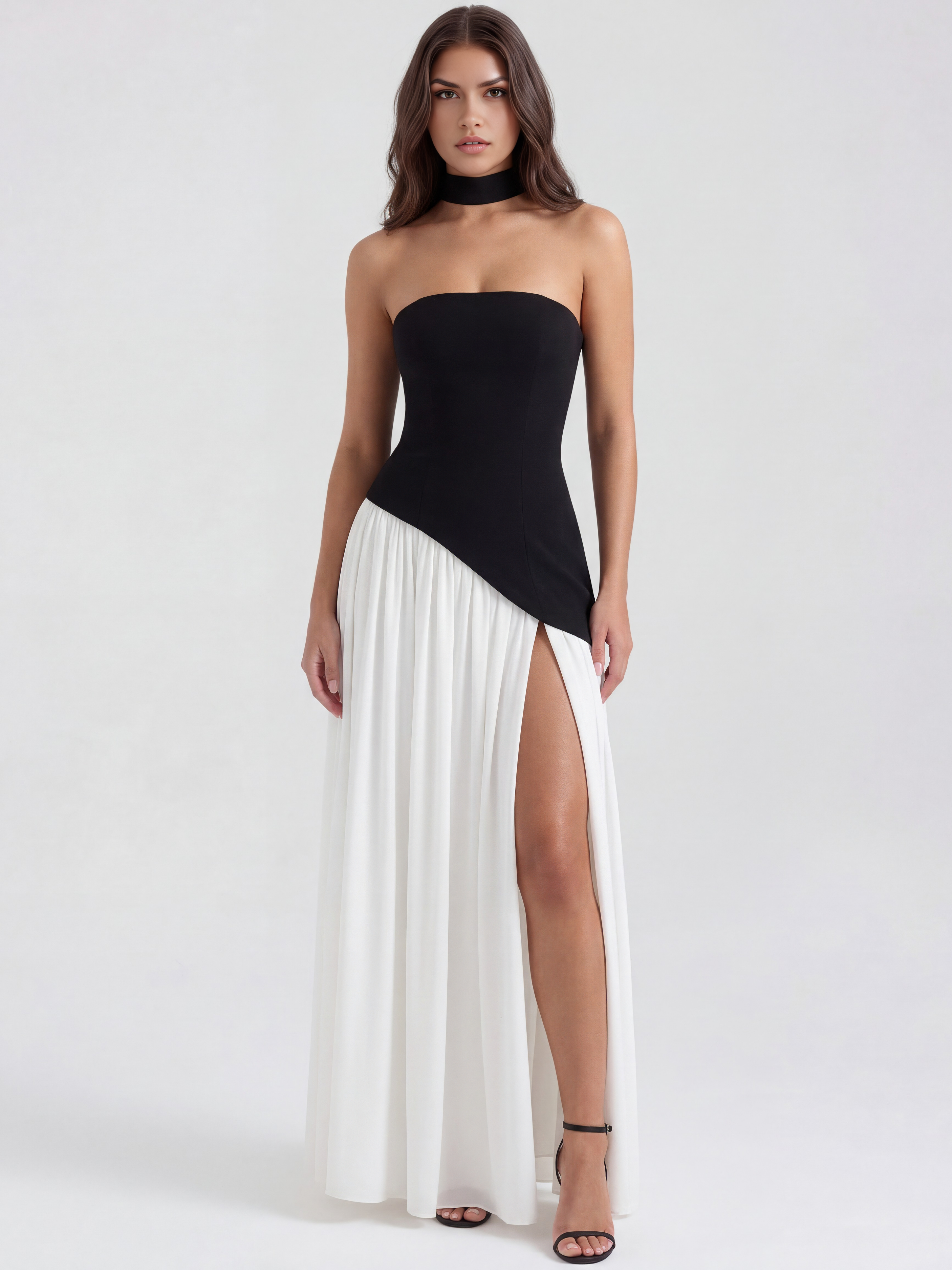 Abito maxi Serena nero bianco chiffon Bella di Roma – corpetto crepe senza spalline