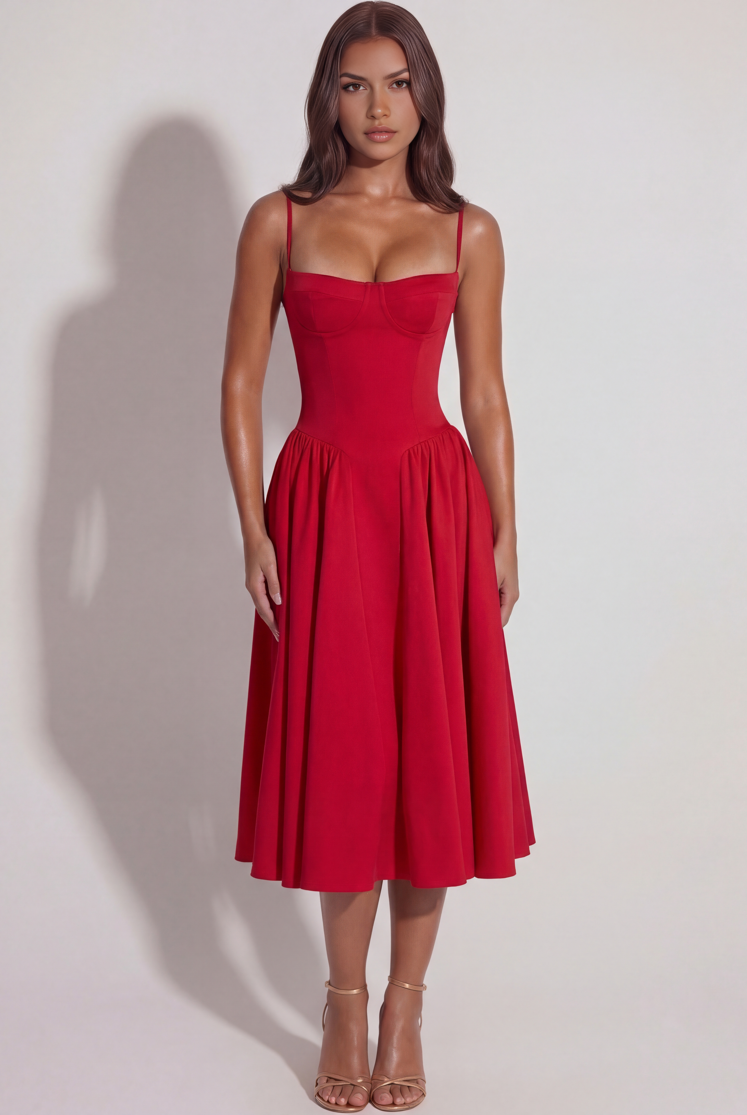 Abito midi Francesca twill rosso Bella di Roma – vista frontale