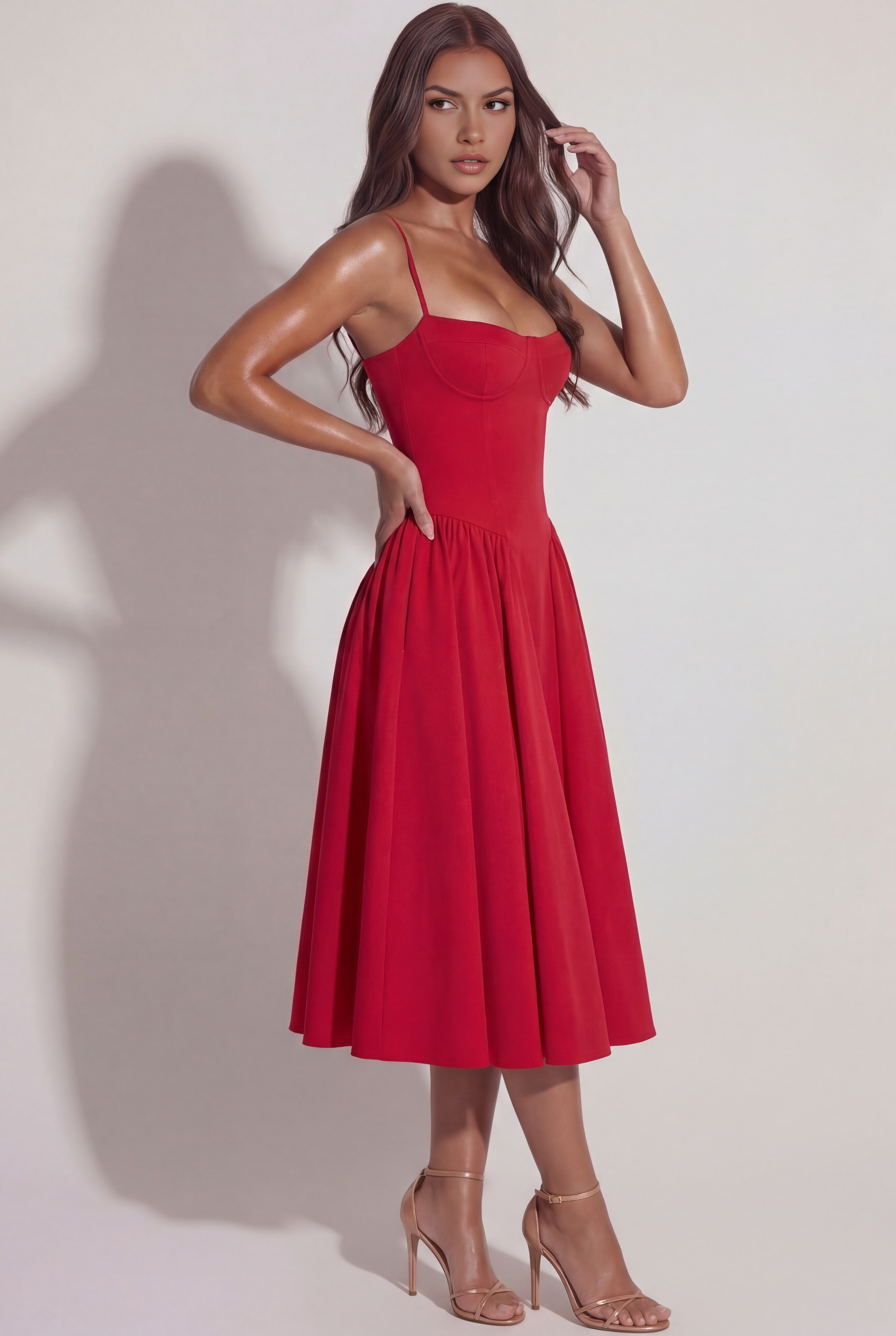 Abito midi Francesca twill rosso Bella di Roma – corpetto cuore imbottito