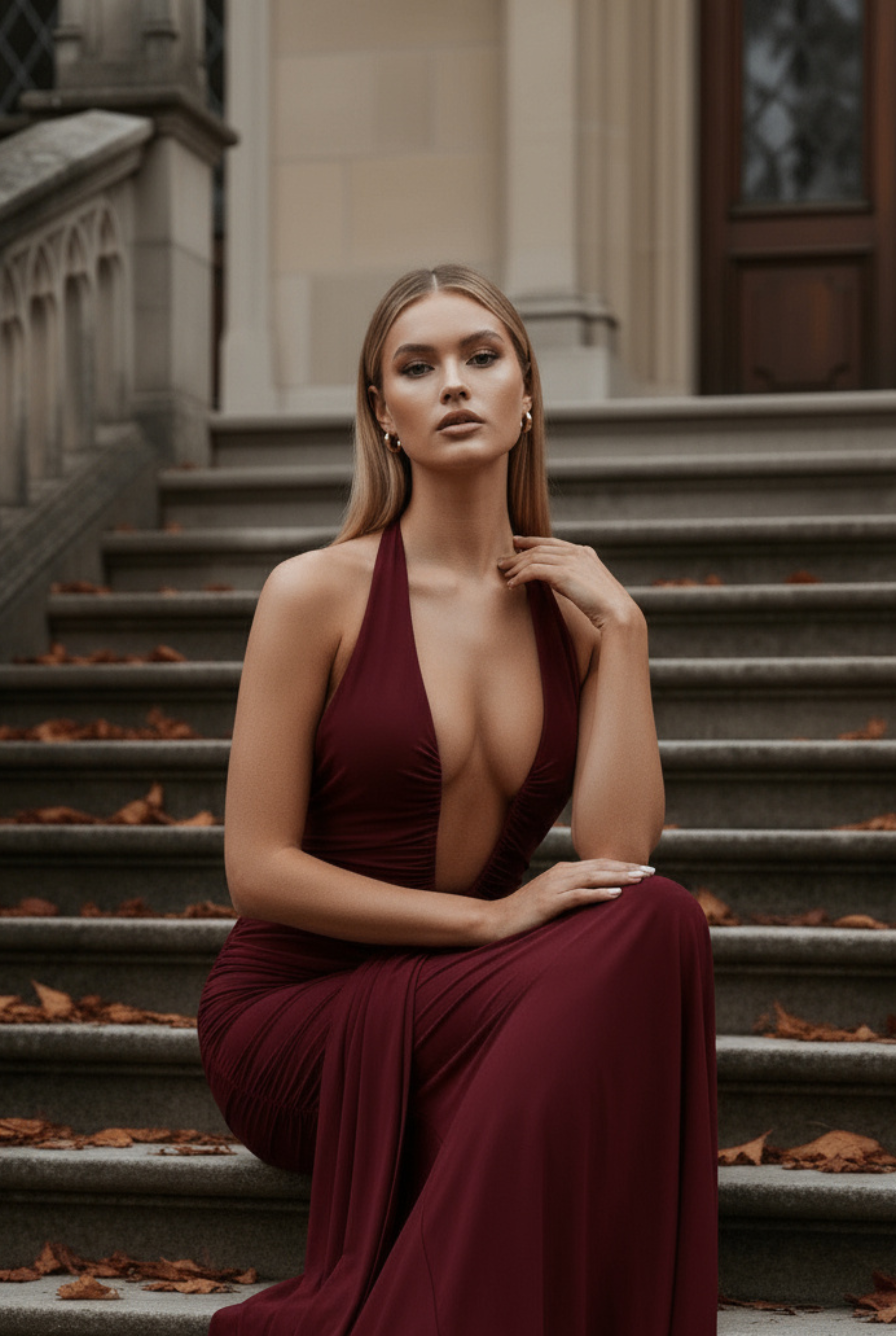 Abito maxi Ariel bordeaux Bella di Roma – dettaglio arricciature fianchi