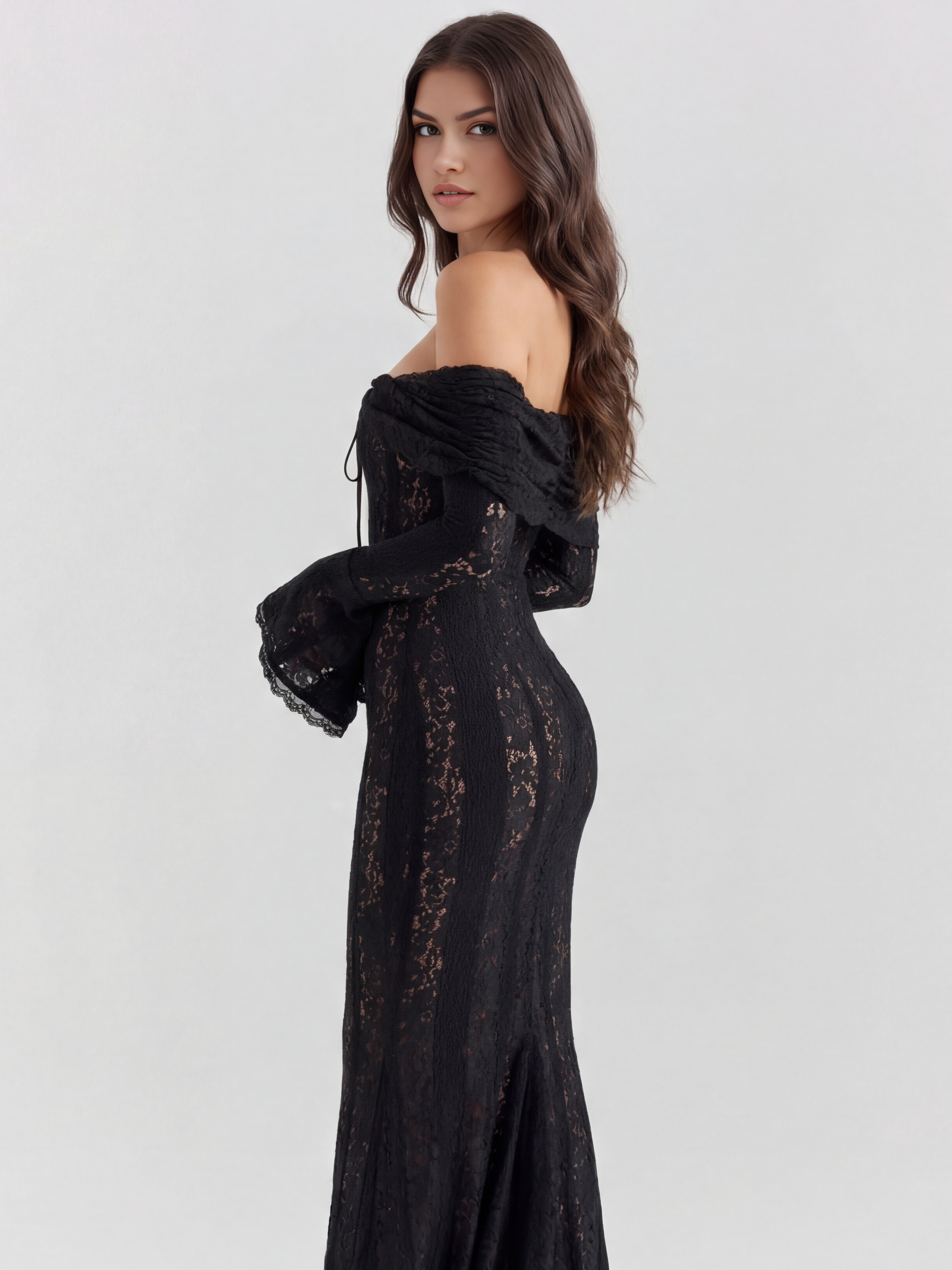 Abito maxi Alessandra nero pizzo off-shoulder Bella di Roma – maniche a campana