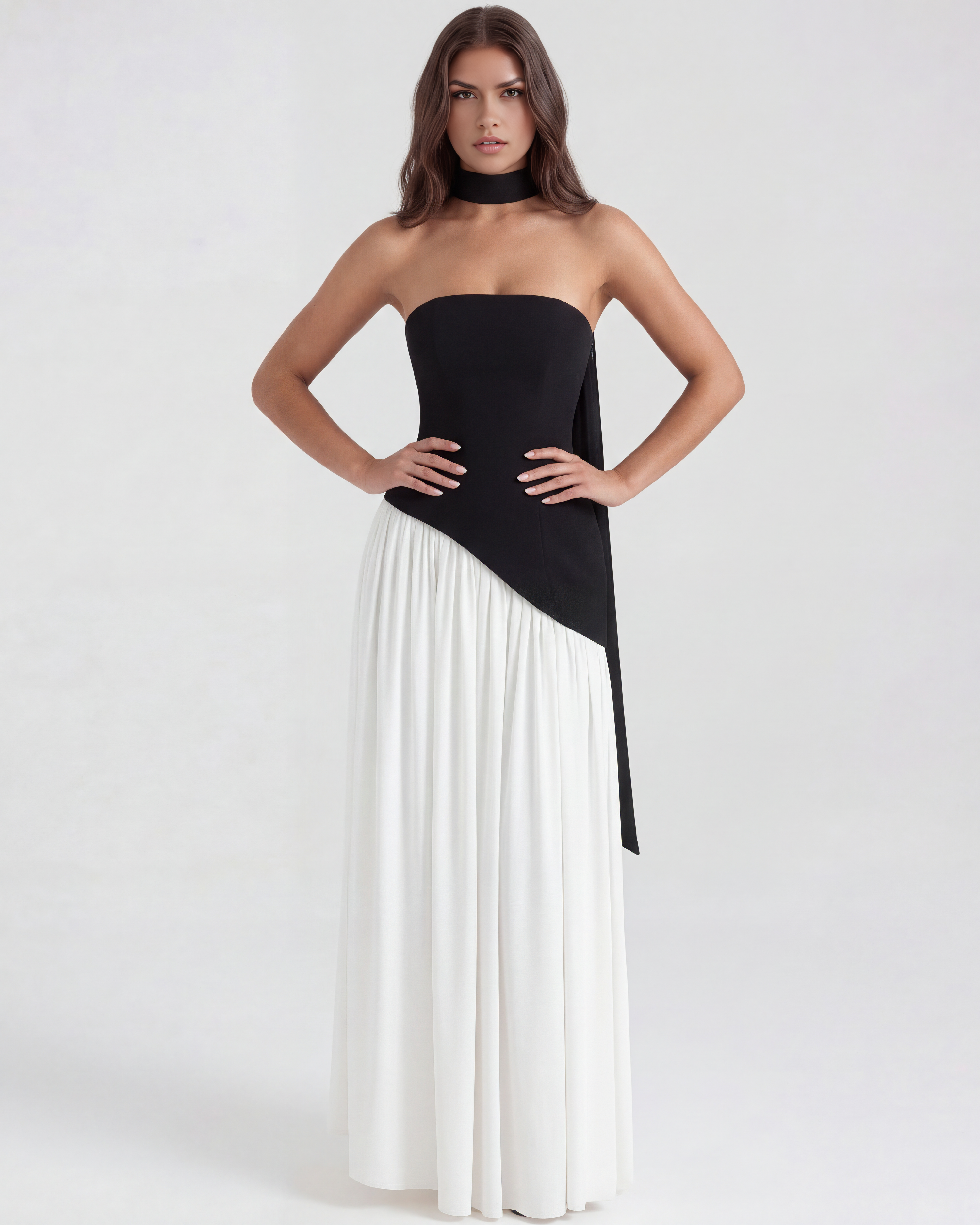 Abito maxi Serena nero bianco chiffon Bella di Roma – silhouette bicolore