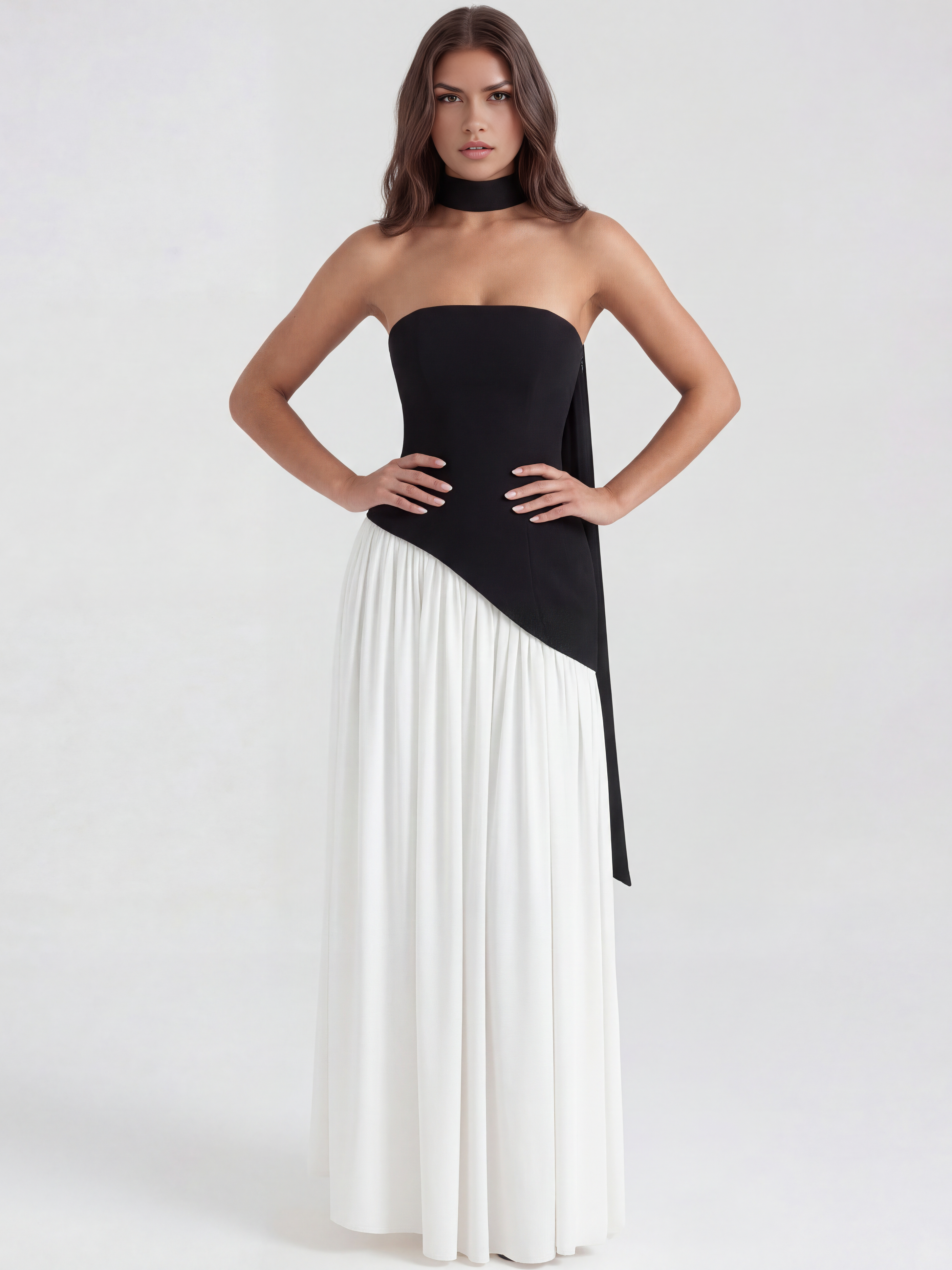 Abito maxi Serena nero bianco chiffon Bella di Roma – orlo asimmetrico