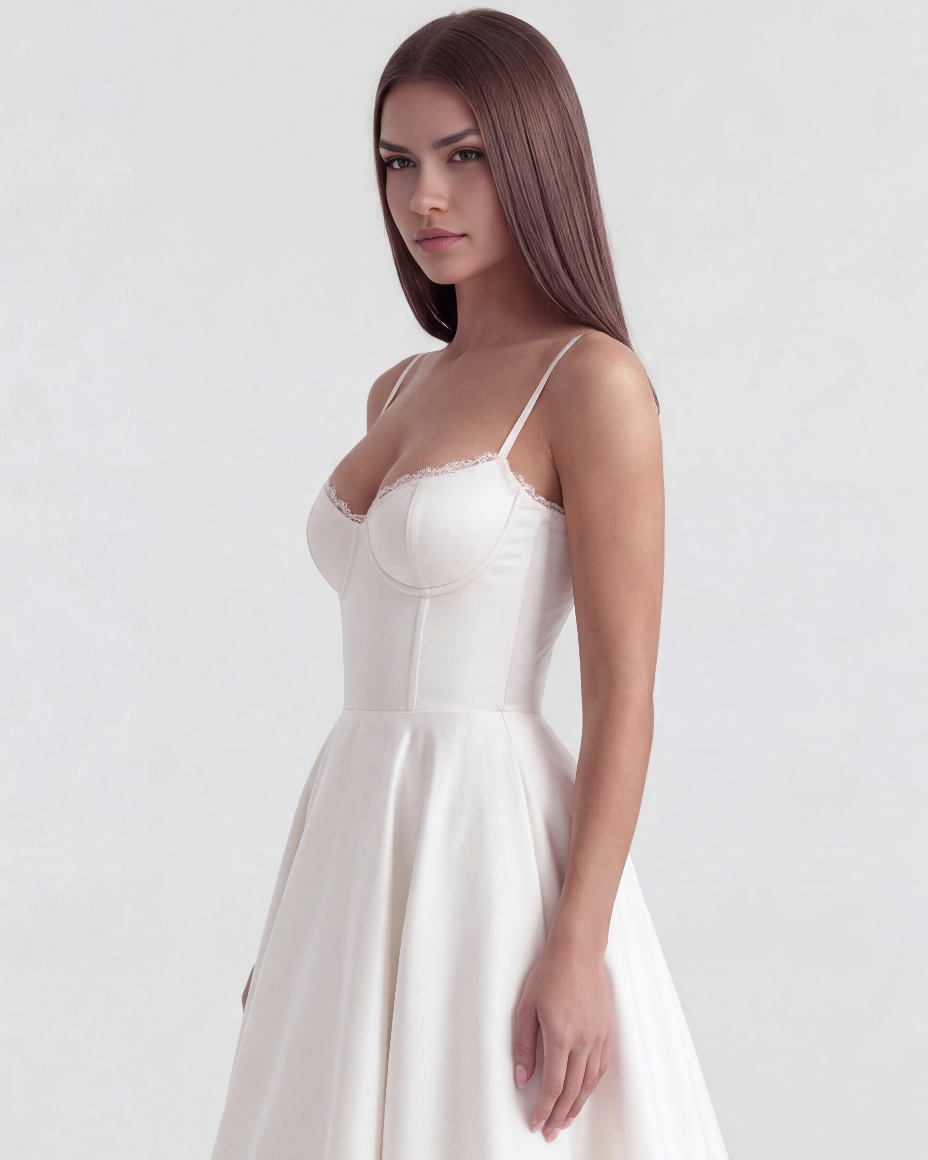 Abito midi Selene bianco satin tulle Bella di Roma – silhouette romantica