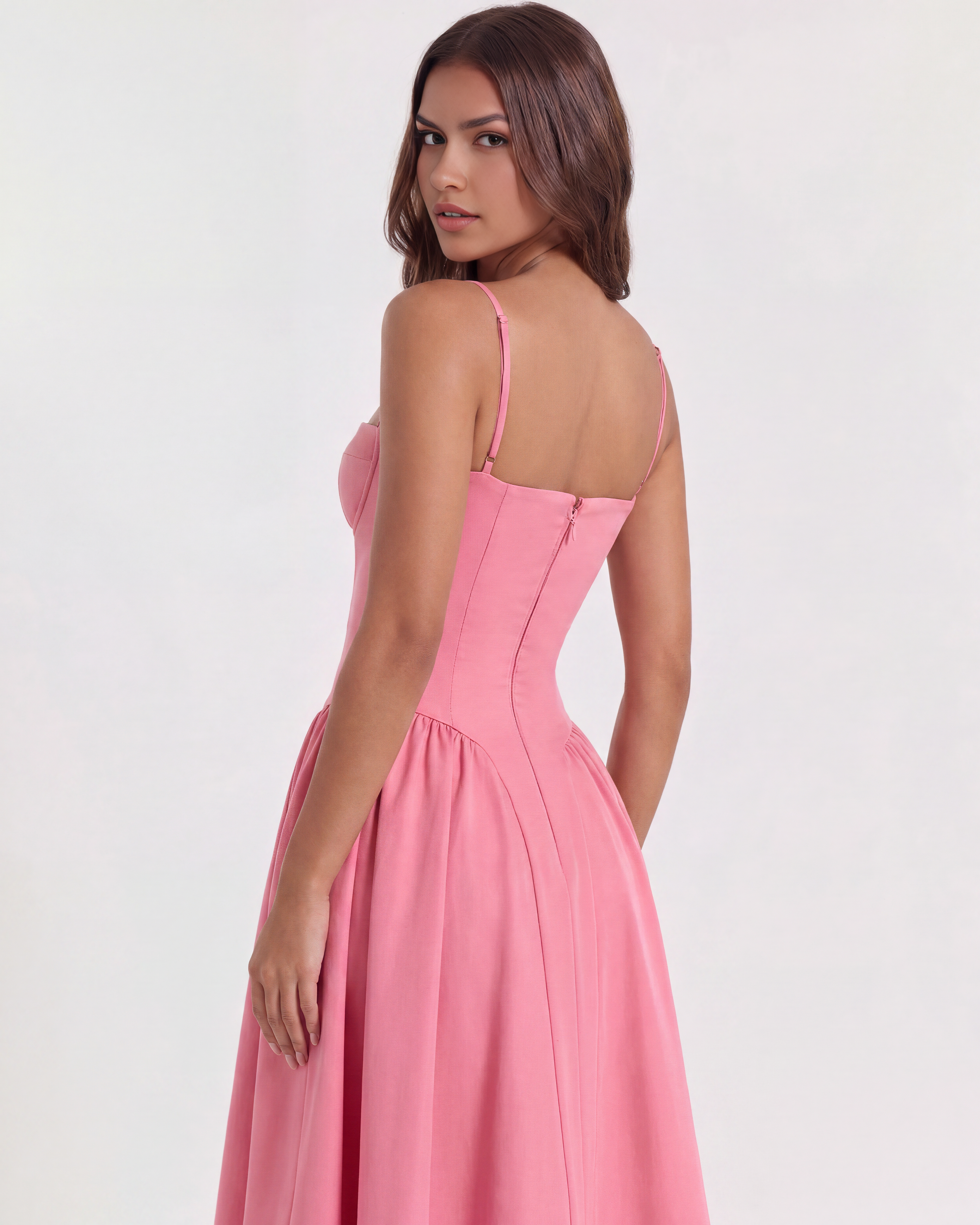 Abito midi Francesca twill rosa Bella di Roma – tasche nascoste