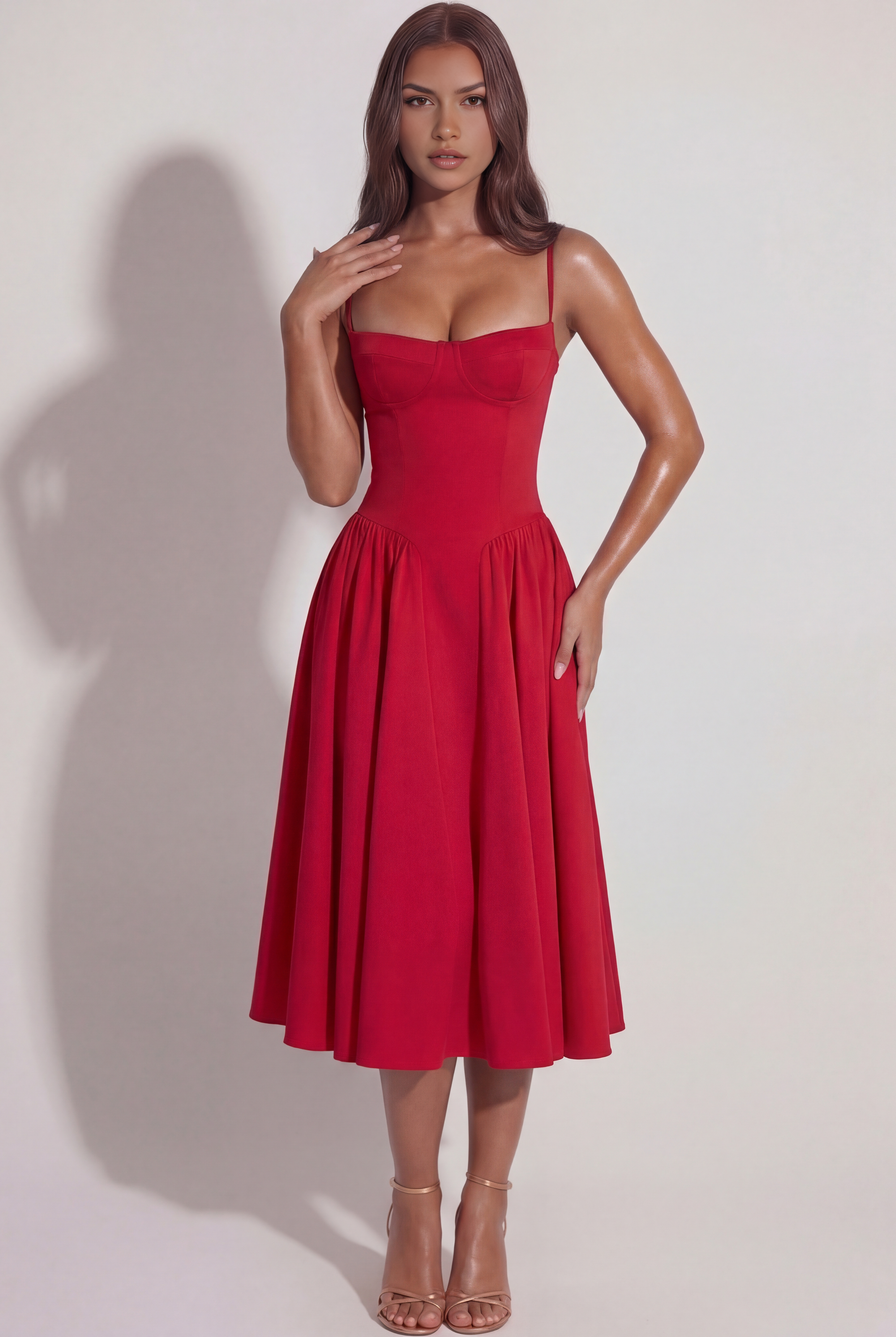 Abito midi Francesca twill rosso Bella di Roma – spalline regolabili