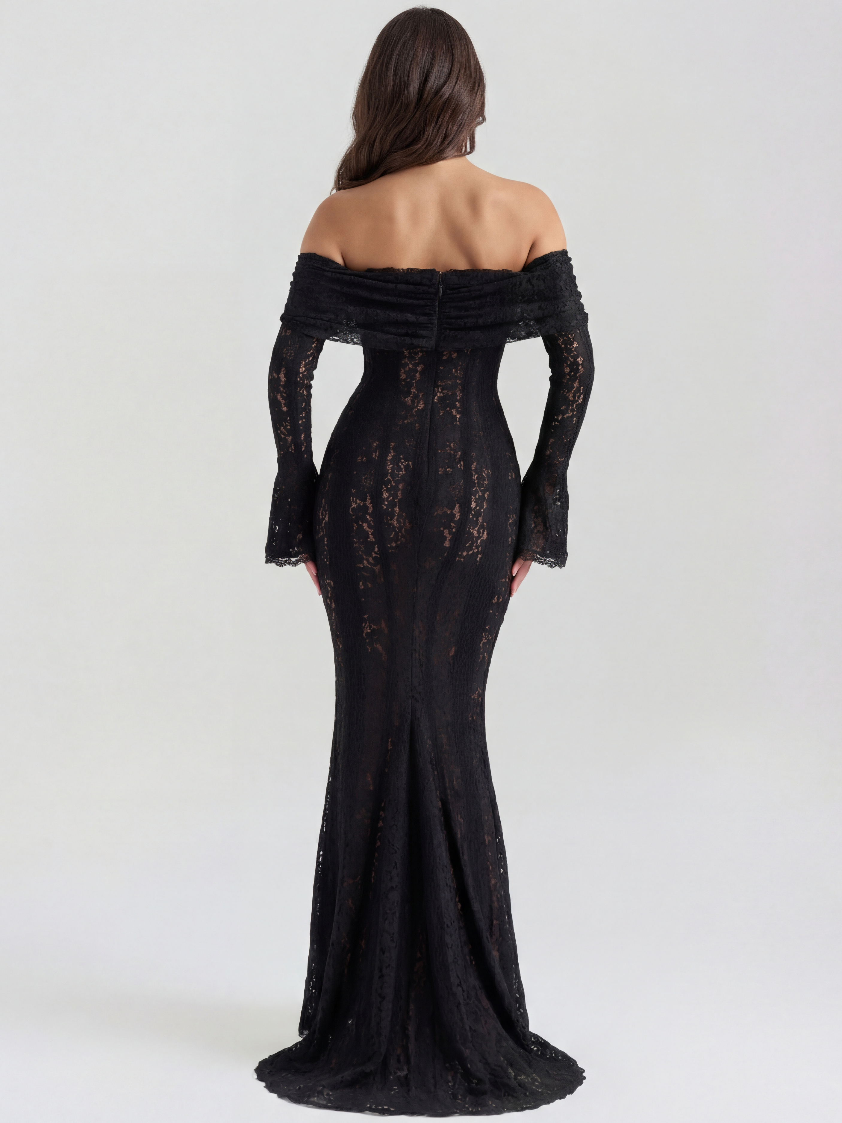 Abito maxi Alessandra nero pizzo off-shoulder Bella di Roma – taglie XS-XL