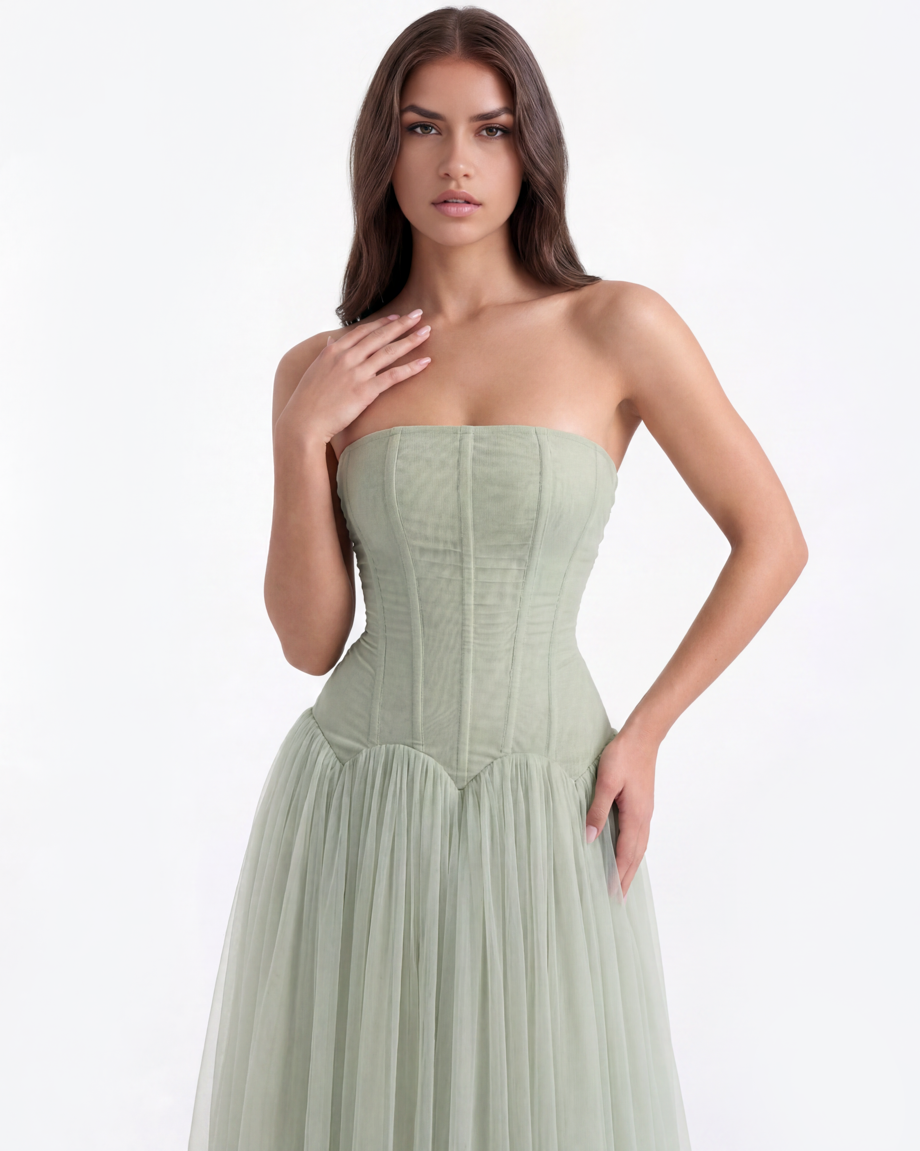Abito maxi Arabella rete verde Bella di Roma – corsetto stecche interne