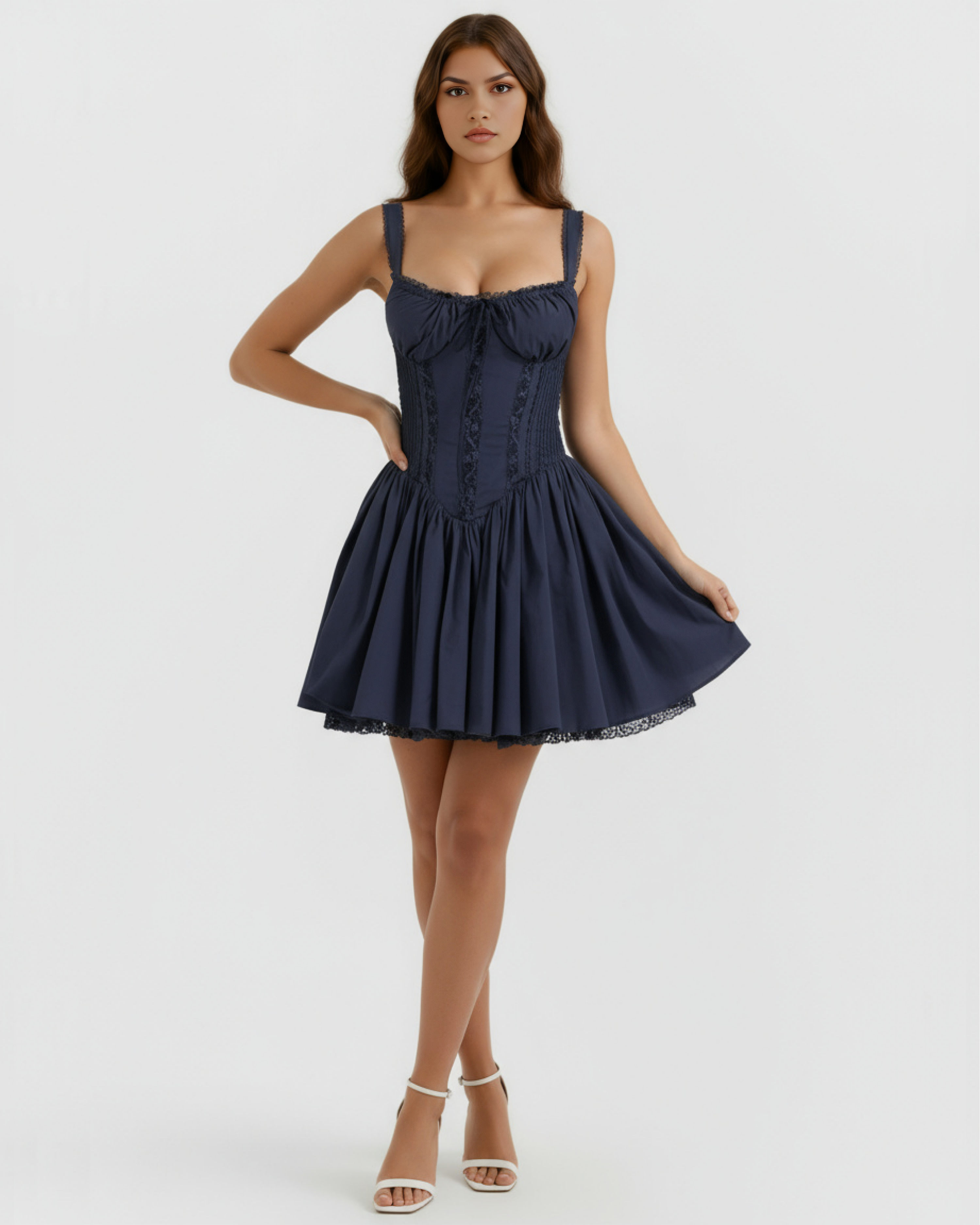 Abito mini Luna blu scuro scollo cuore Bella di Roma – coppe imbottite