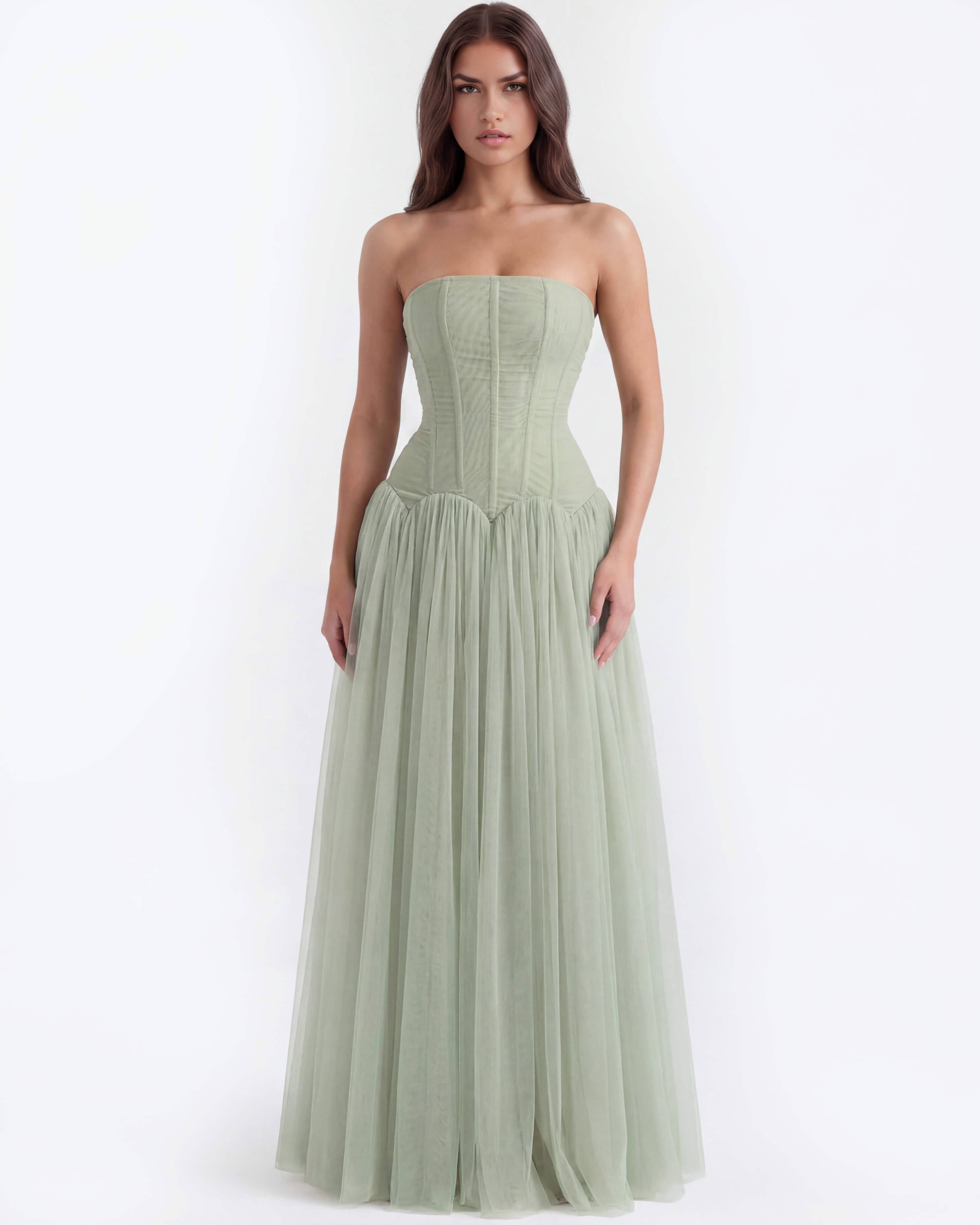 Abito maxi Arabella rete verde Bella di Roma – vista frontale