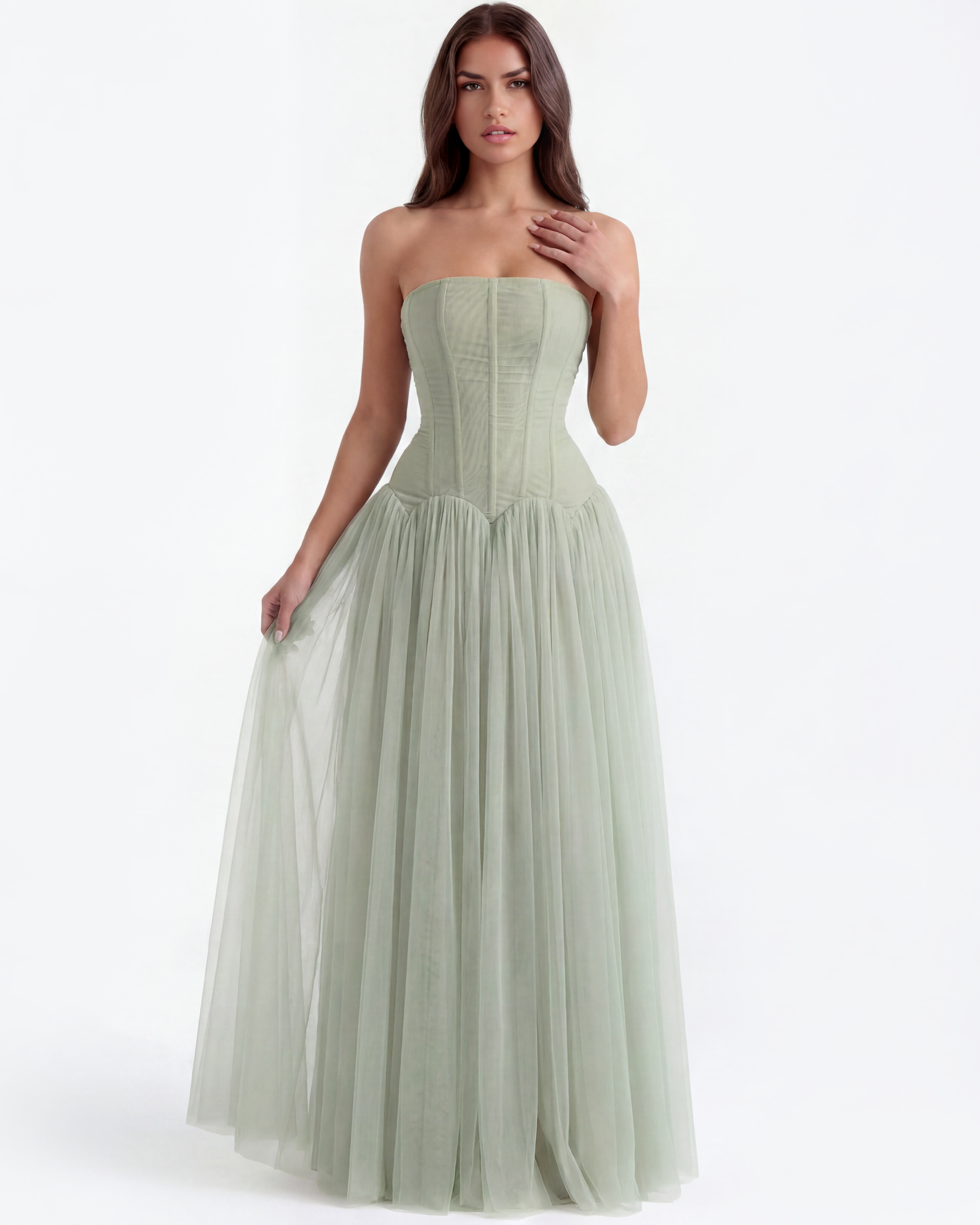 Abito maxi Arabella rete verde Bella di Roma – silhouette eterea romantica
