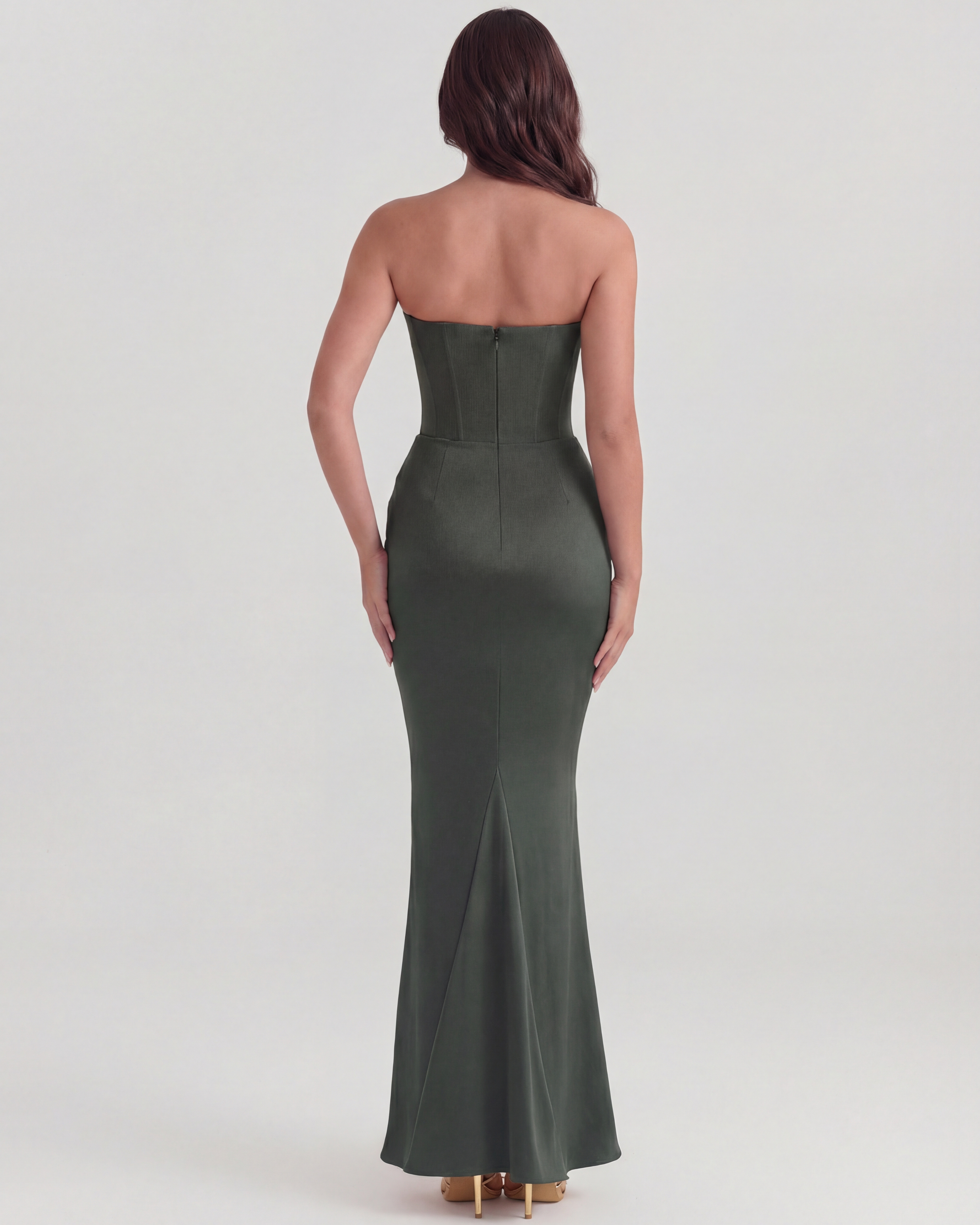 Abito midi Rosalind verde foresta corsetto Bella di Roma – modellatura raffinata
