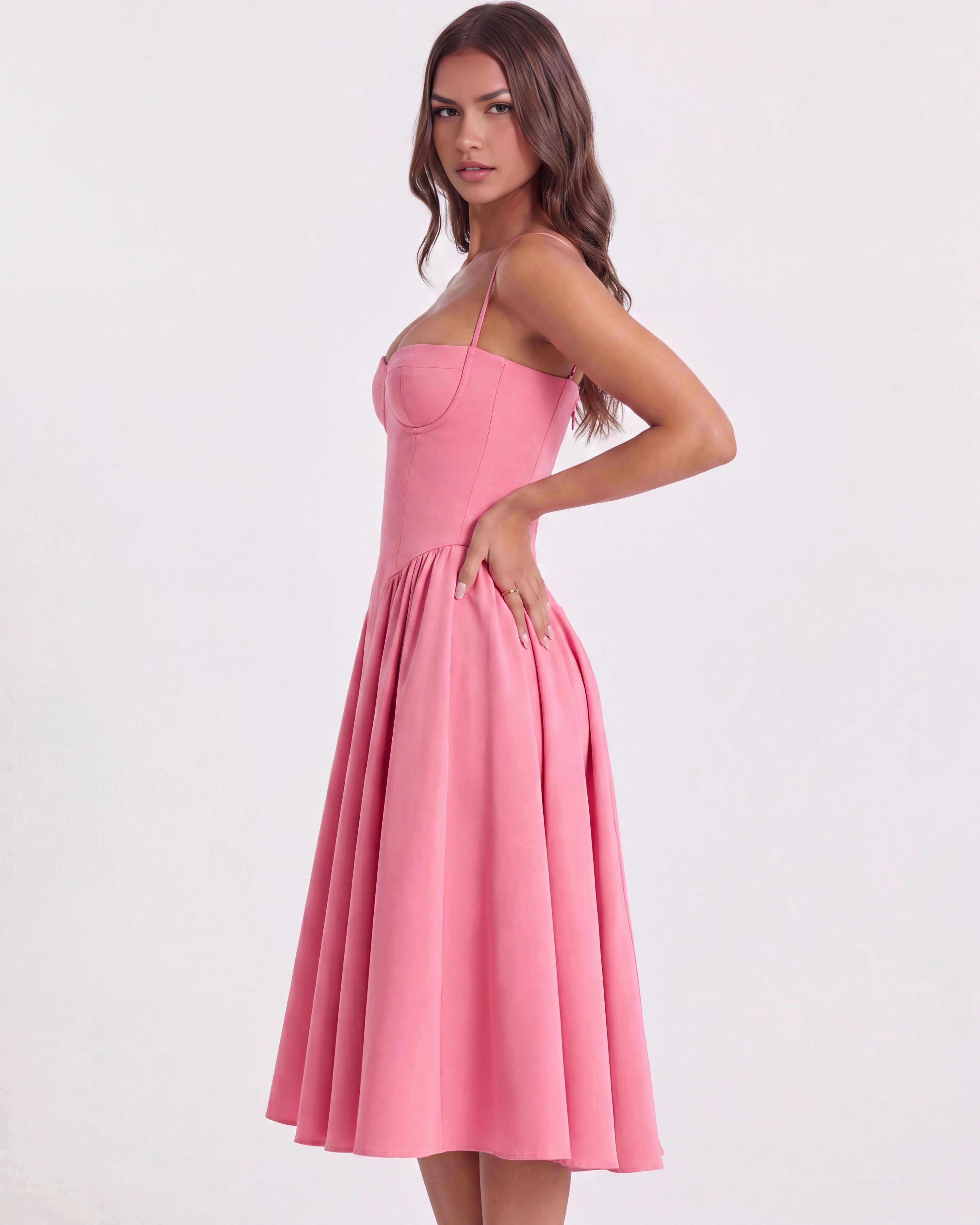 Abito midi Francesca twill rosa Bella di Roma – spalline regolabili