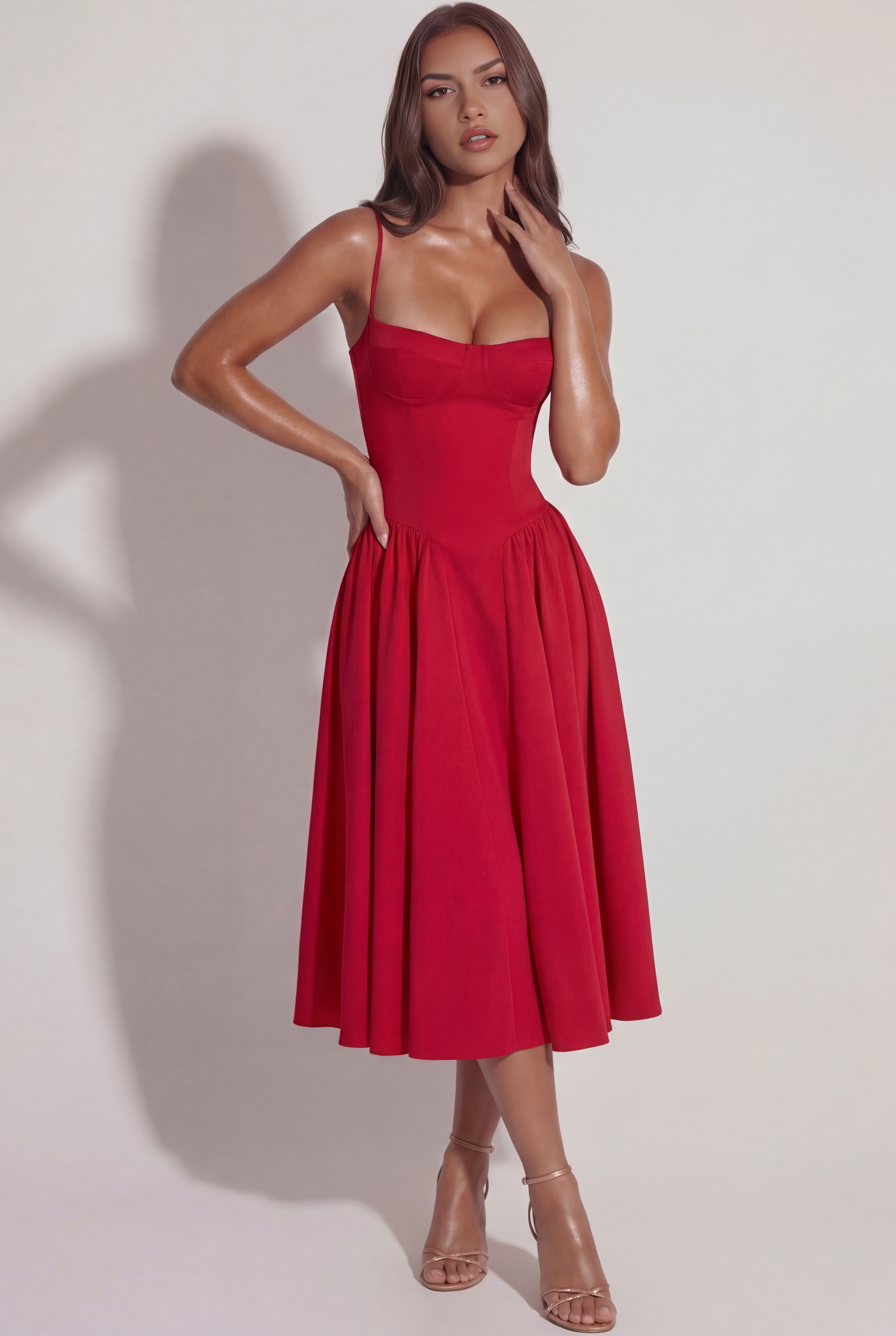 Abito midi Francesca twill rosso Bella di Roma – look serate romantiche