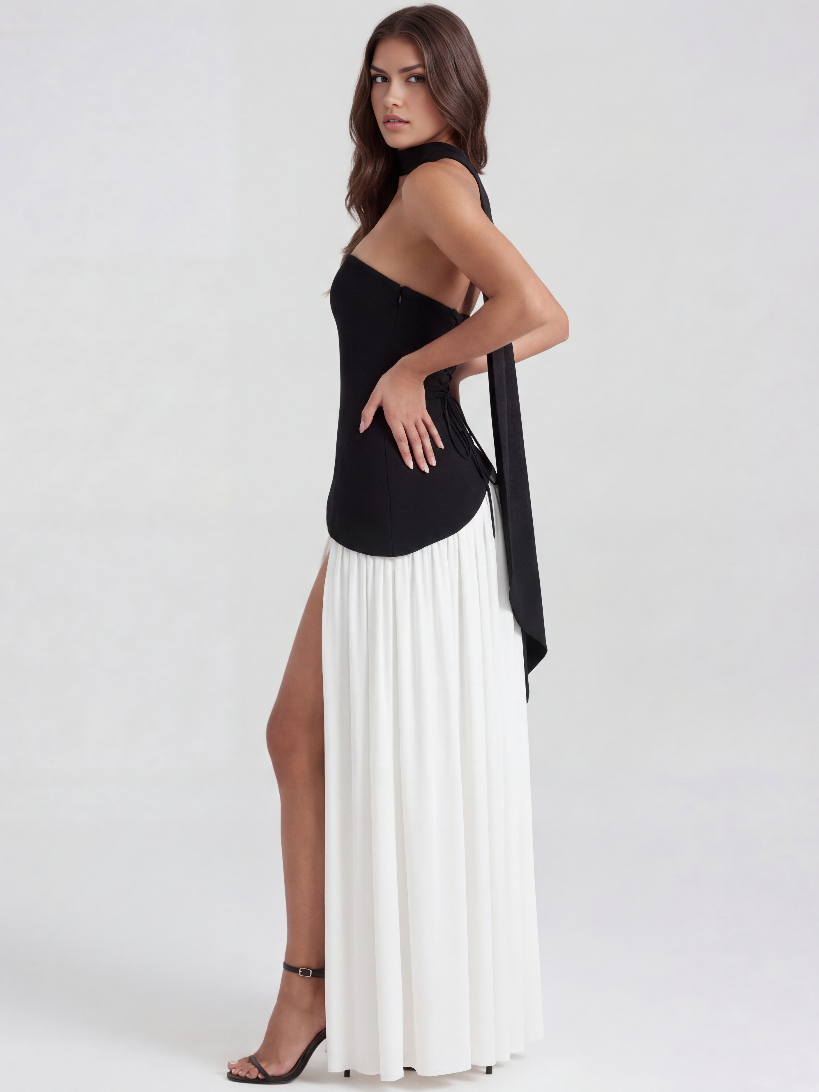 Abito maxi Serena nero bianco chiffon Bella di Roma – foulard abbinato