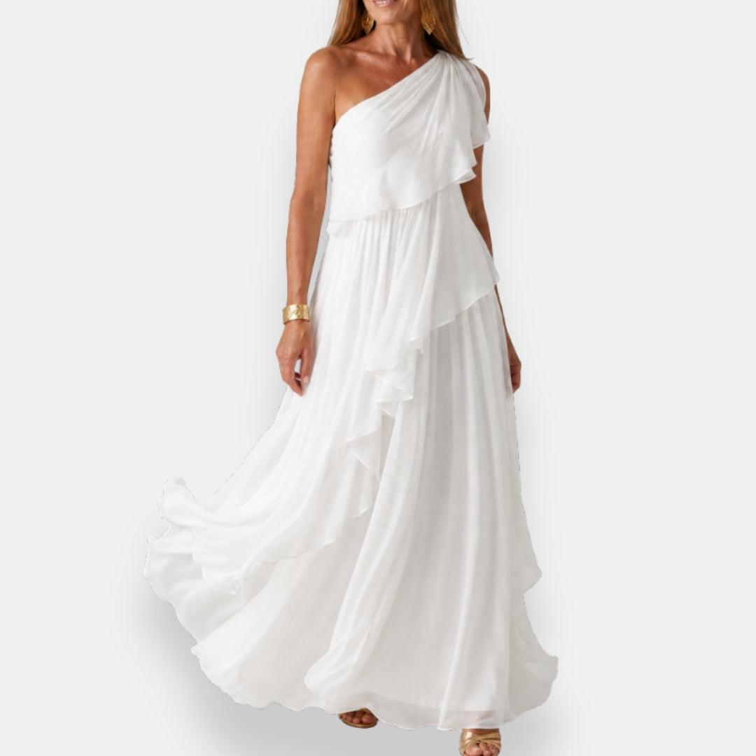 Dorvarine abito asimmetrico con volant – Blu, vista laterale