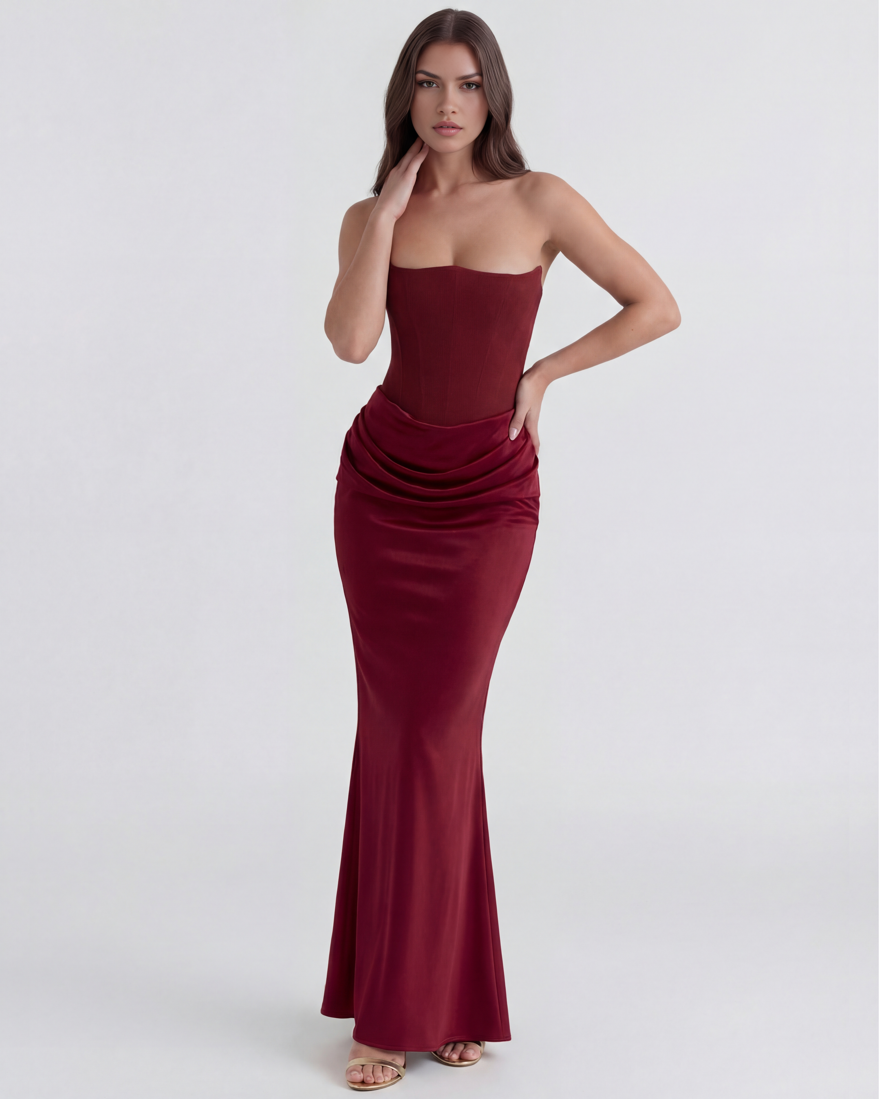 Abito midi Rosalind borgogna corsetto Bella di Roma – corsetto steccato borgogna