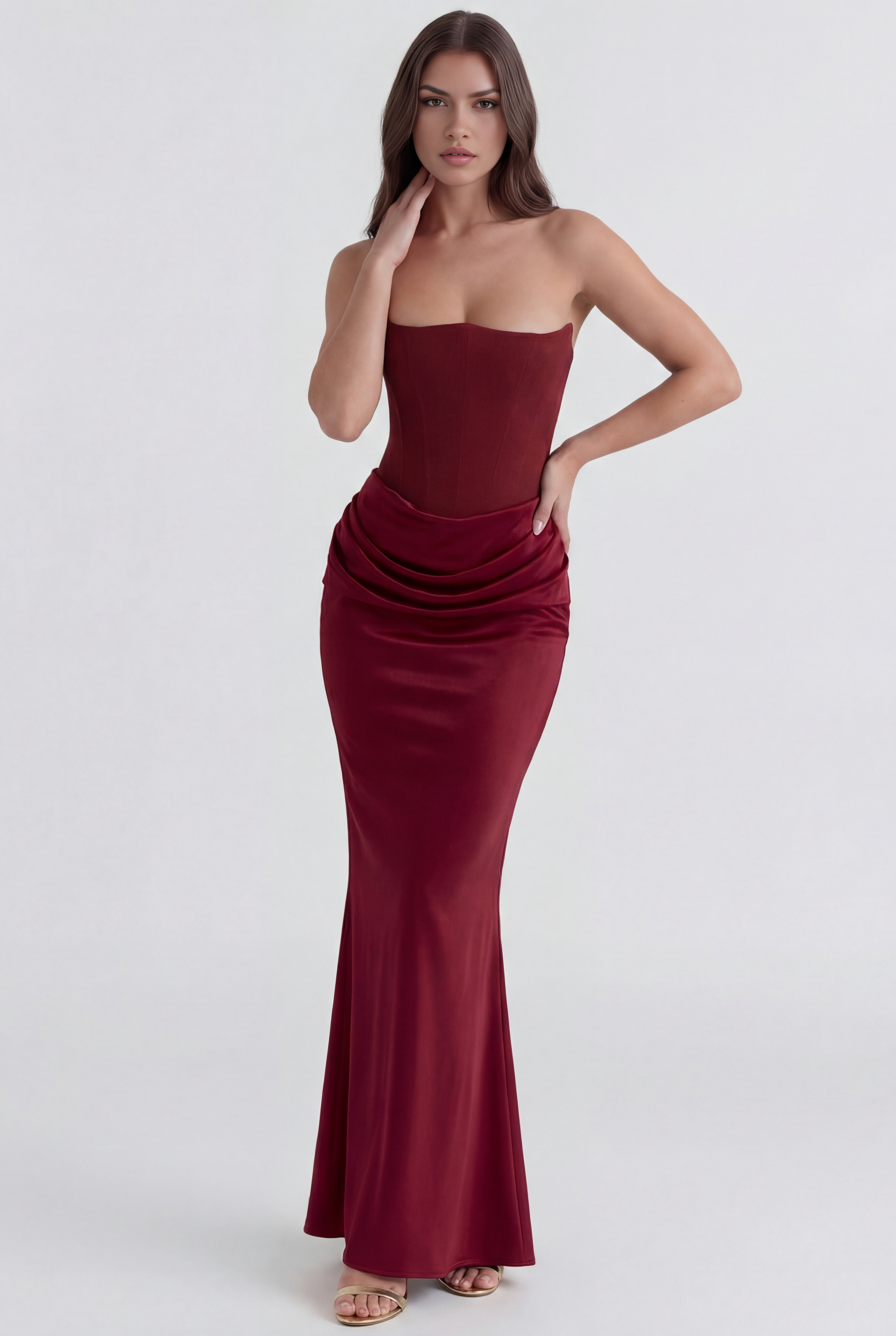 Abito maxi Rosalind corsetto borgogna Bella di Roma – corpetto rigido