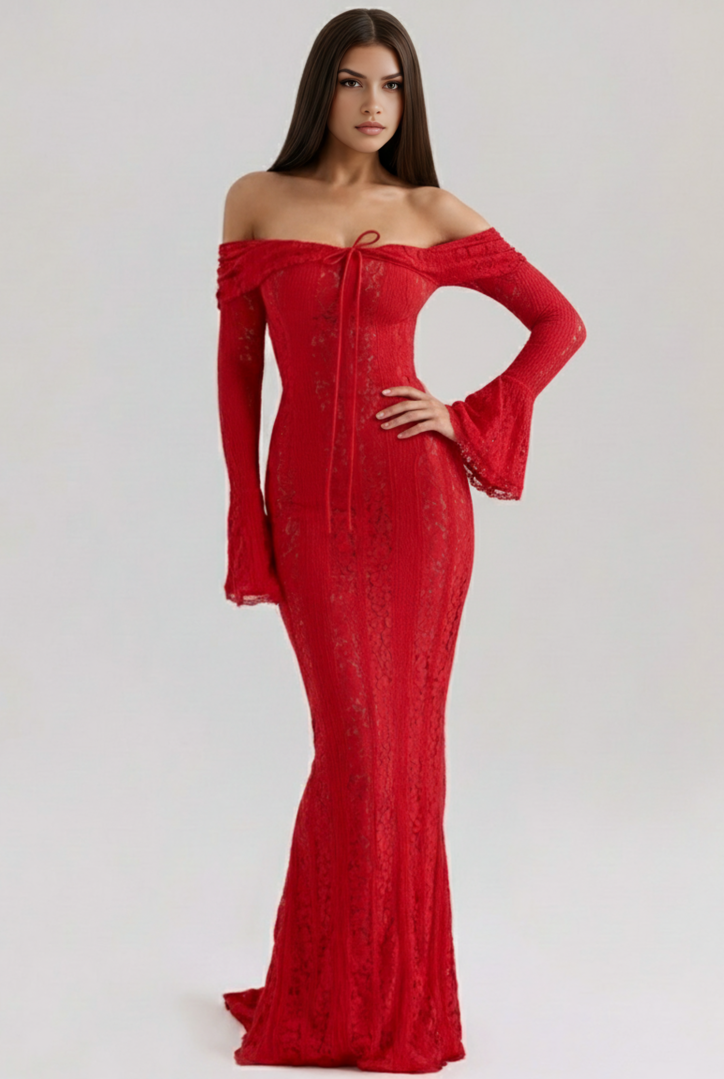 Abito maxi Alessandra pizzo floreale rosso Bella di Roma – corpetto off-shoulder