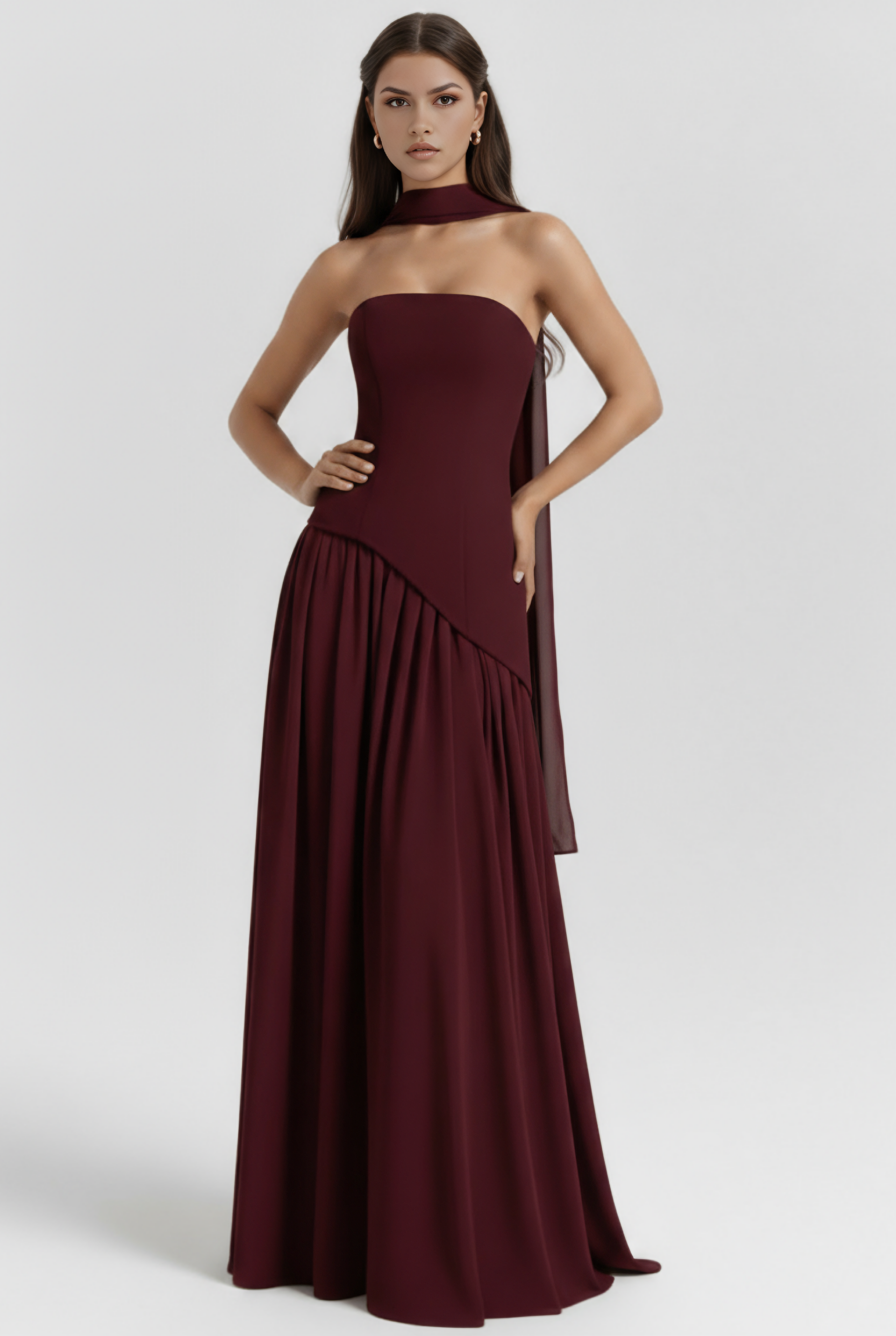Abito maxi Serena lacca ciliegia Bella di Roma – drappeggio asimmetrico vita
