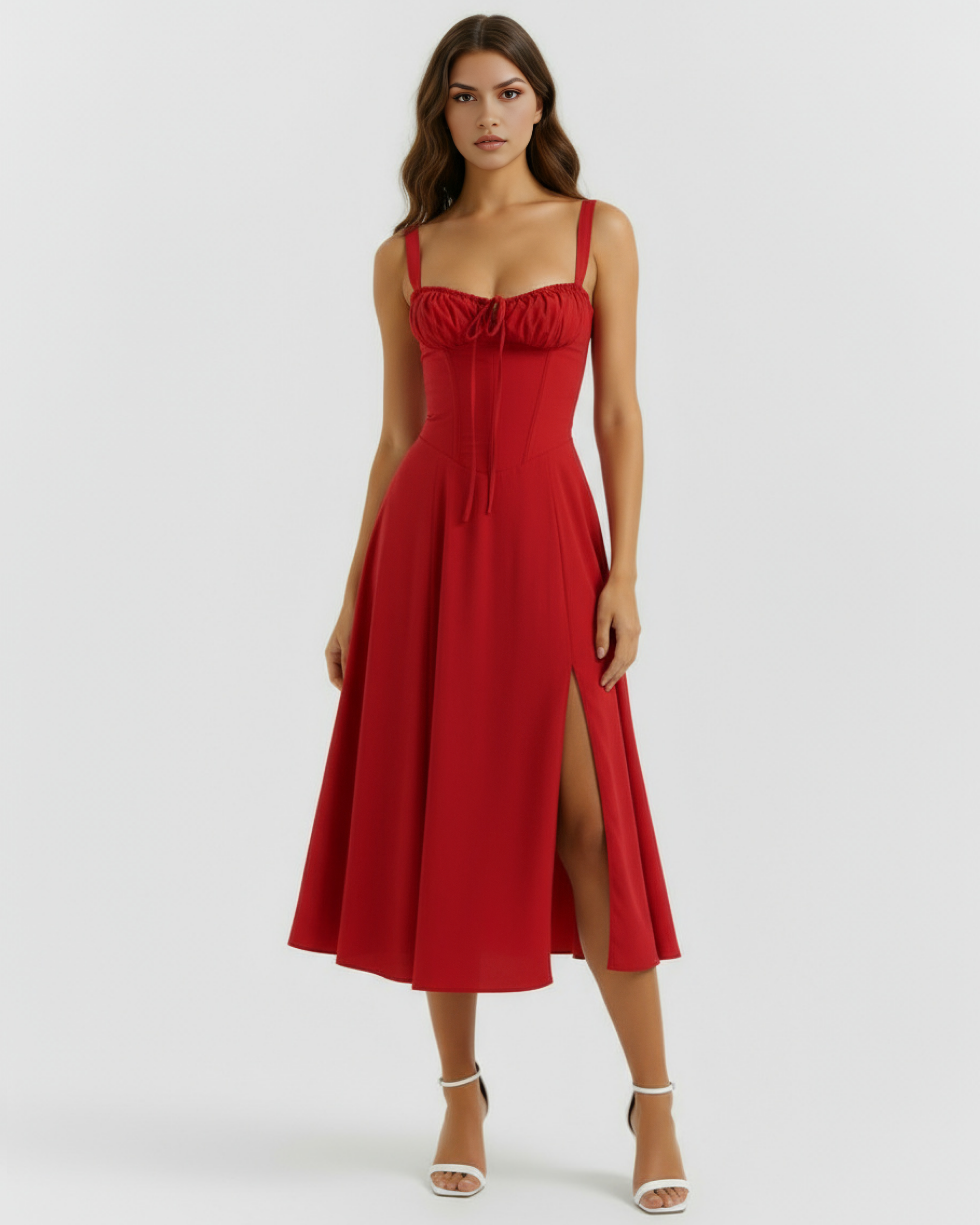 Abito midi Aurora corsetto rosso Bella di Roma – décolleté arricciato