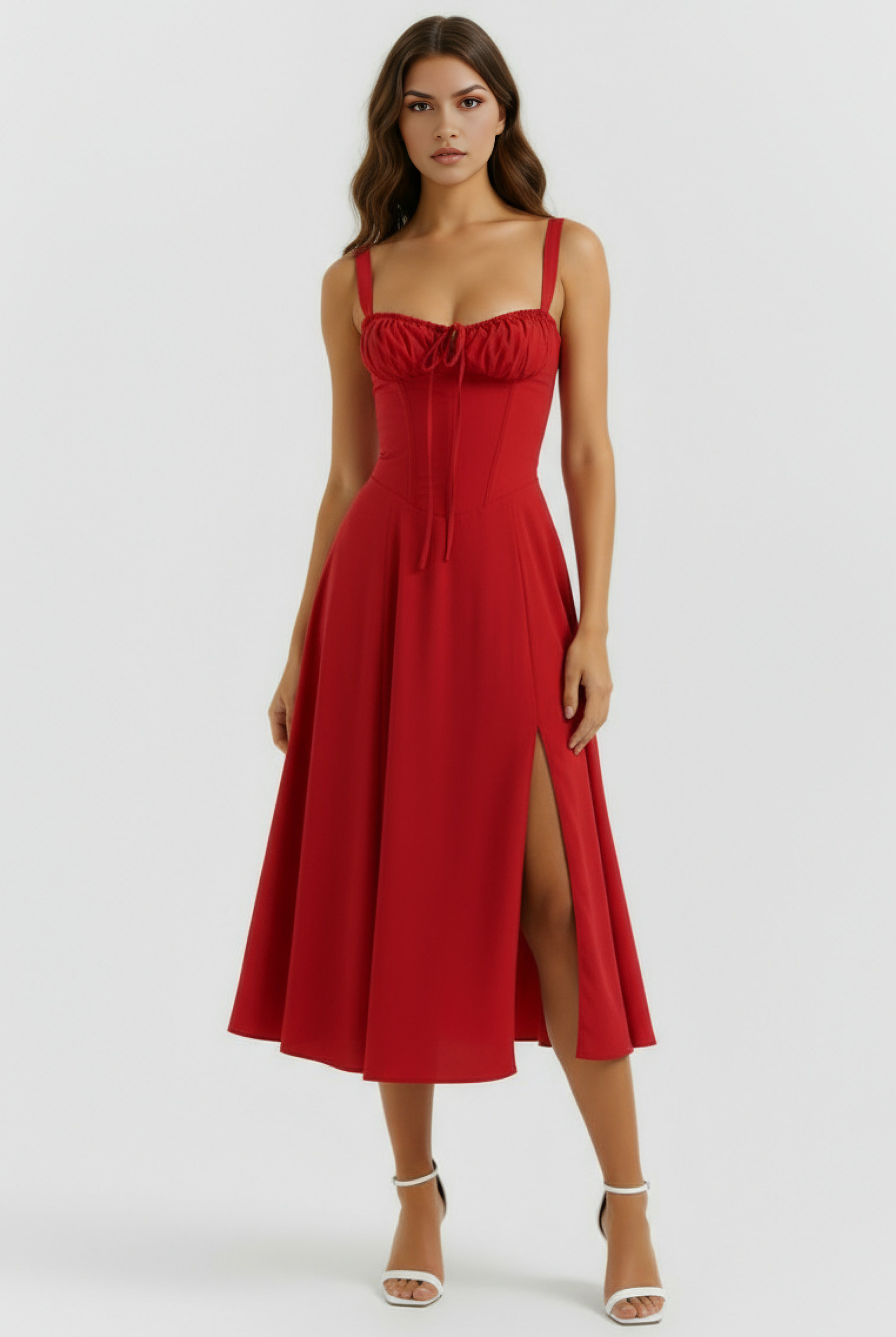 Abito midi Aurora corsetto rosso Bella di Roma – décolleté arricciato