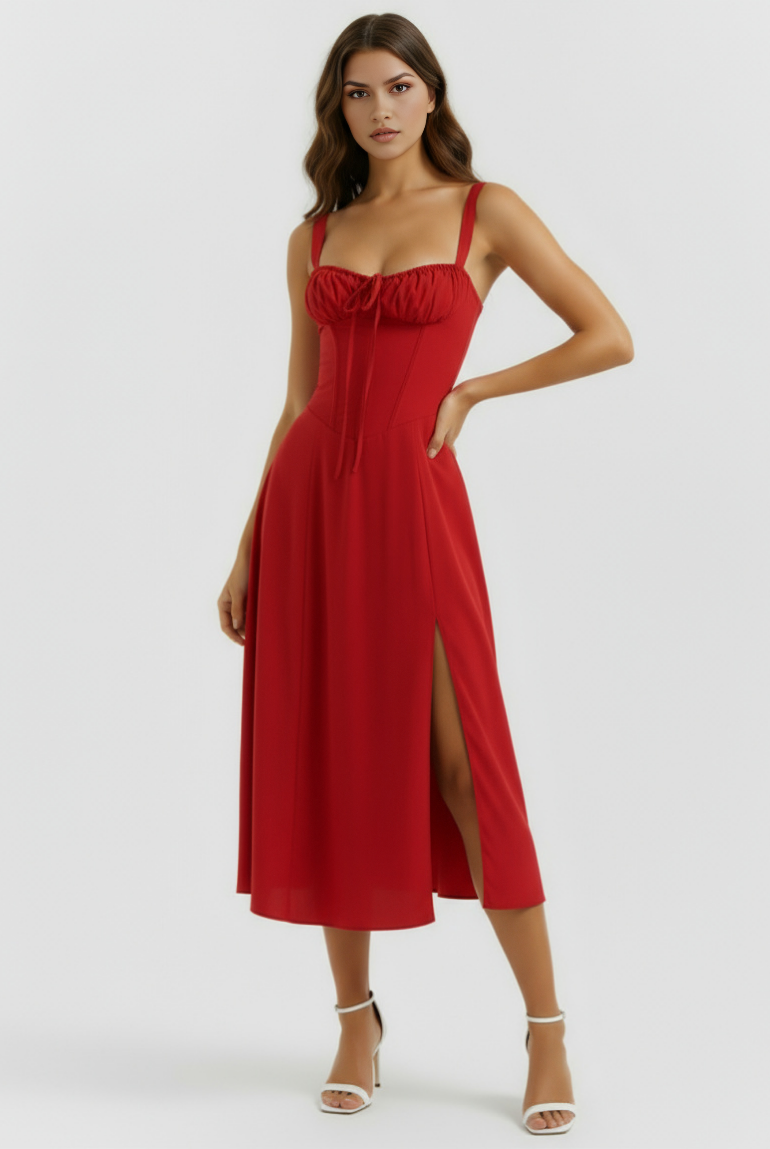 Abito midi Aurora corsetto rosso Bella di Roma – allacciatura retro