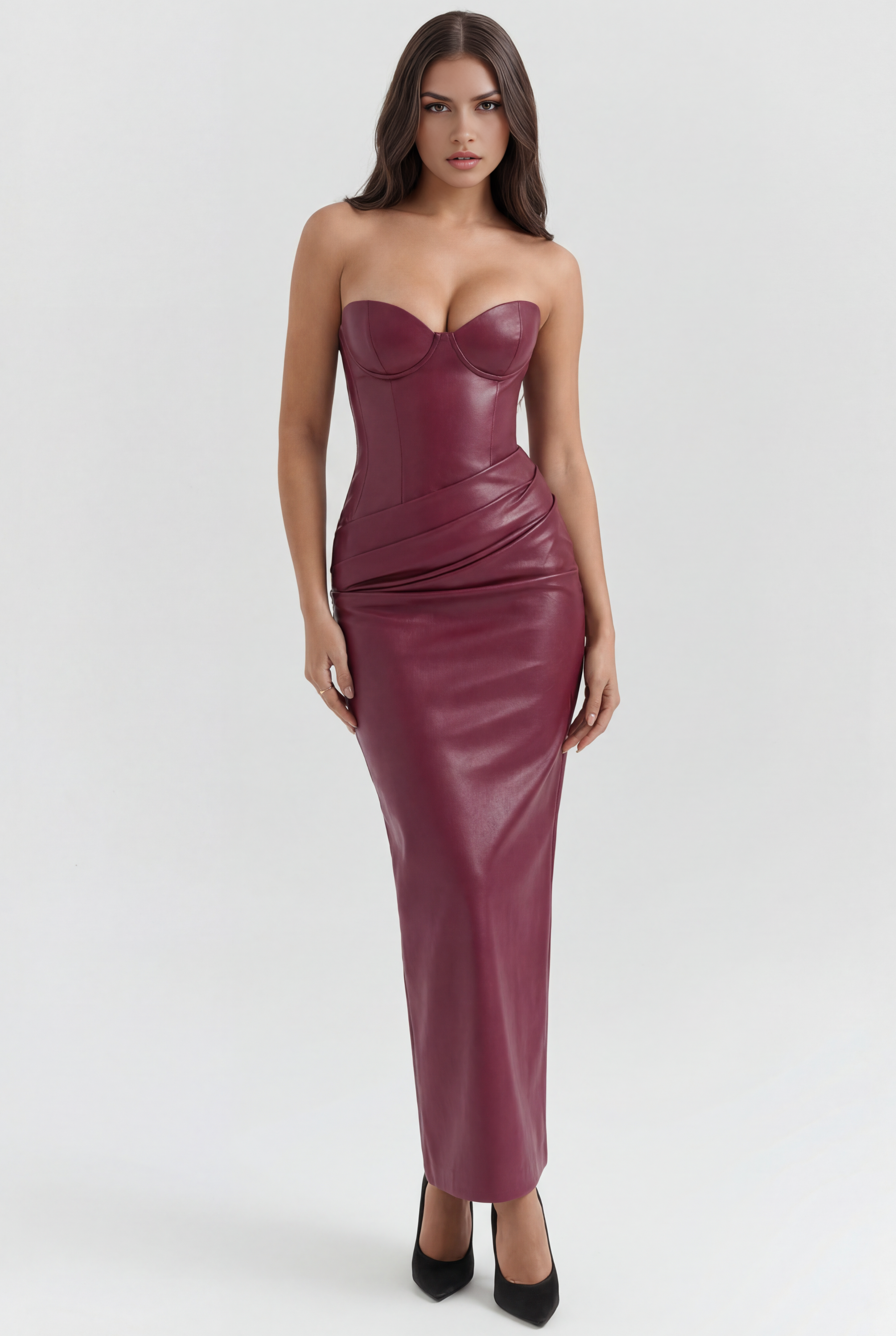 Abito midi Vanessa pelle vegan borgogna Bella di Roma – corpetto senza spalline