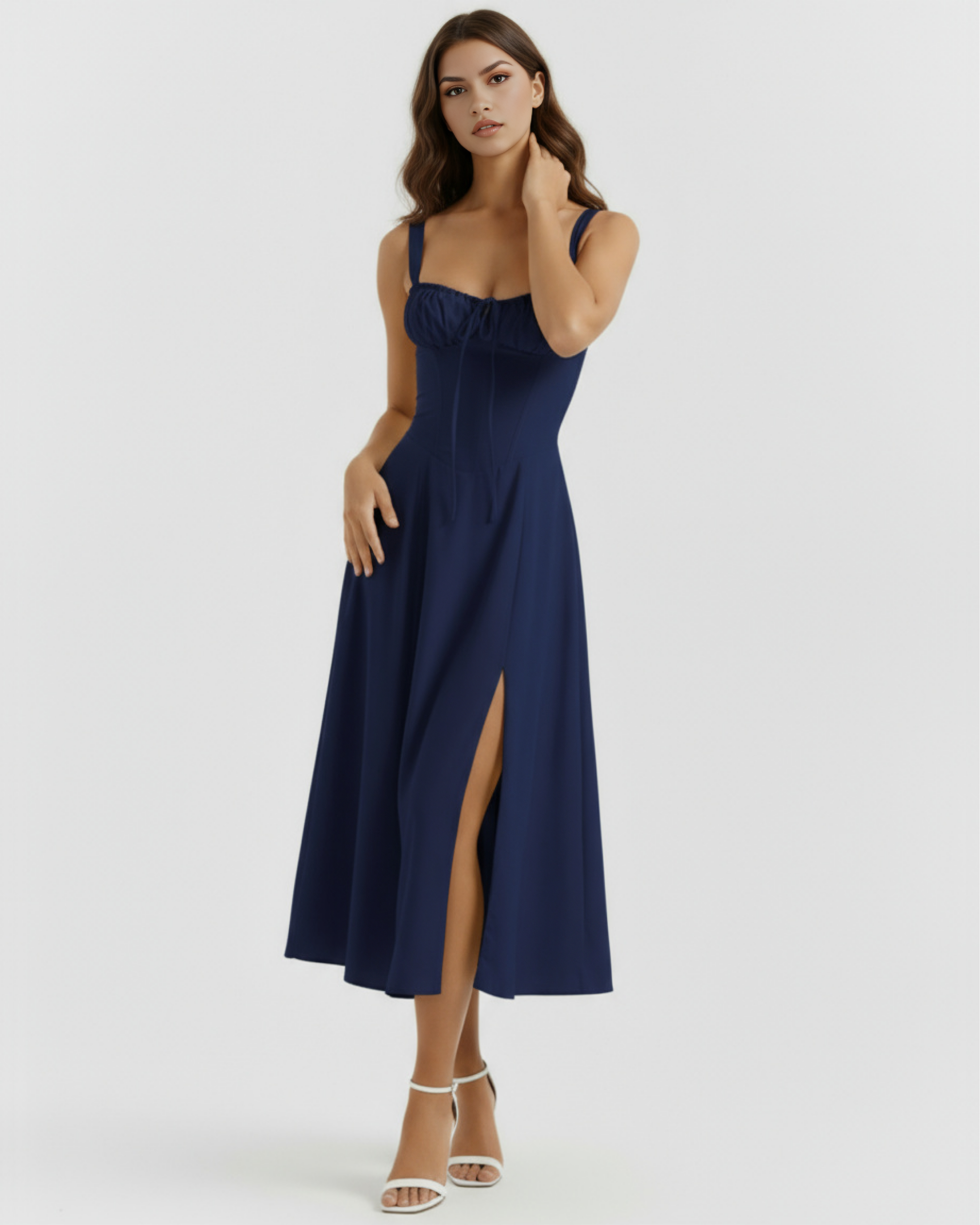 Abito midi Aurora corsetto blu scuro Bella di Roma – schiena allacciata
