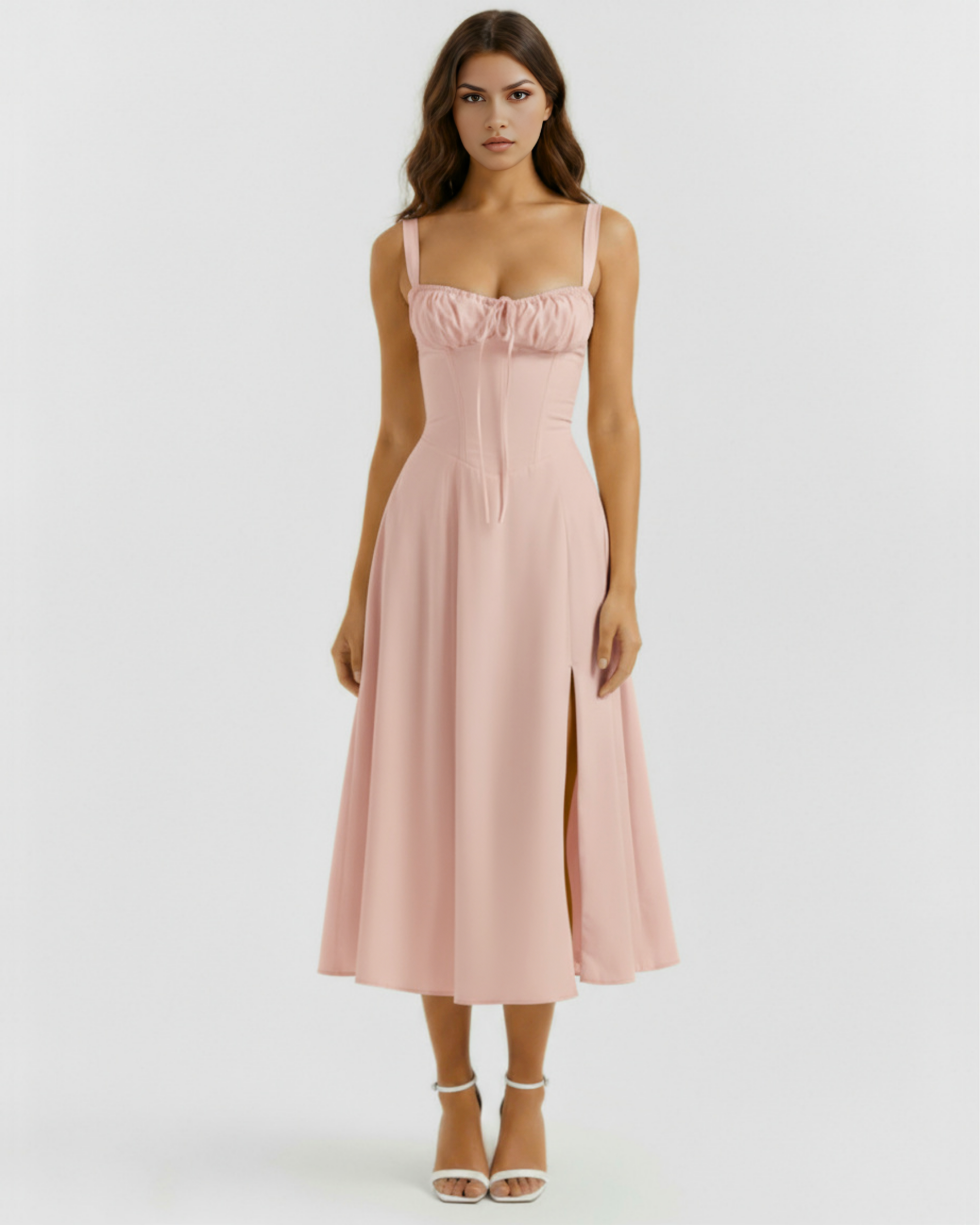 Abito midi Aurora corsetto rosa Bella di Roma – schiena allacciata