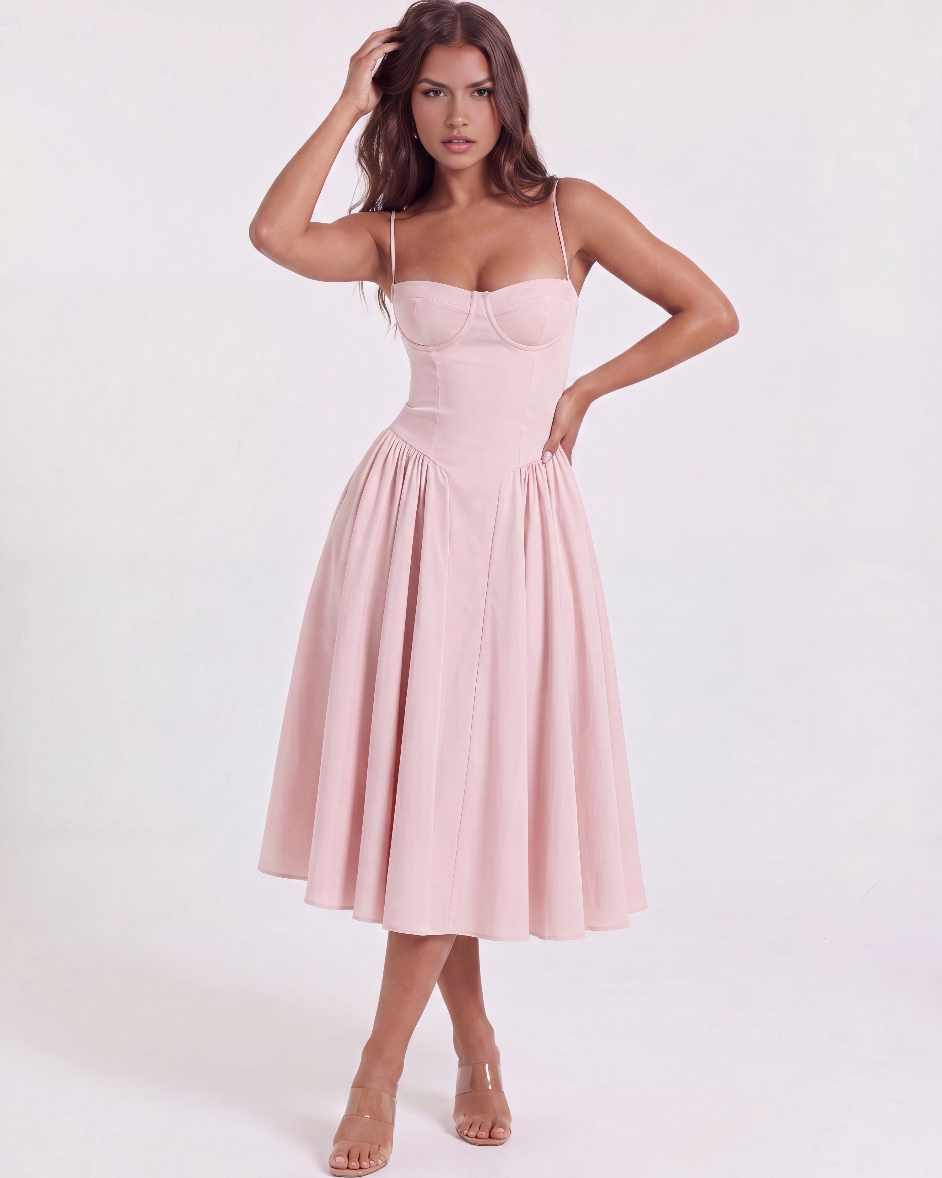 Abito midi Francesca twill rosa chiaro Bella di Roma – gonna midi pieghe