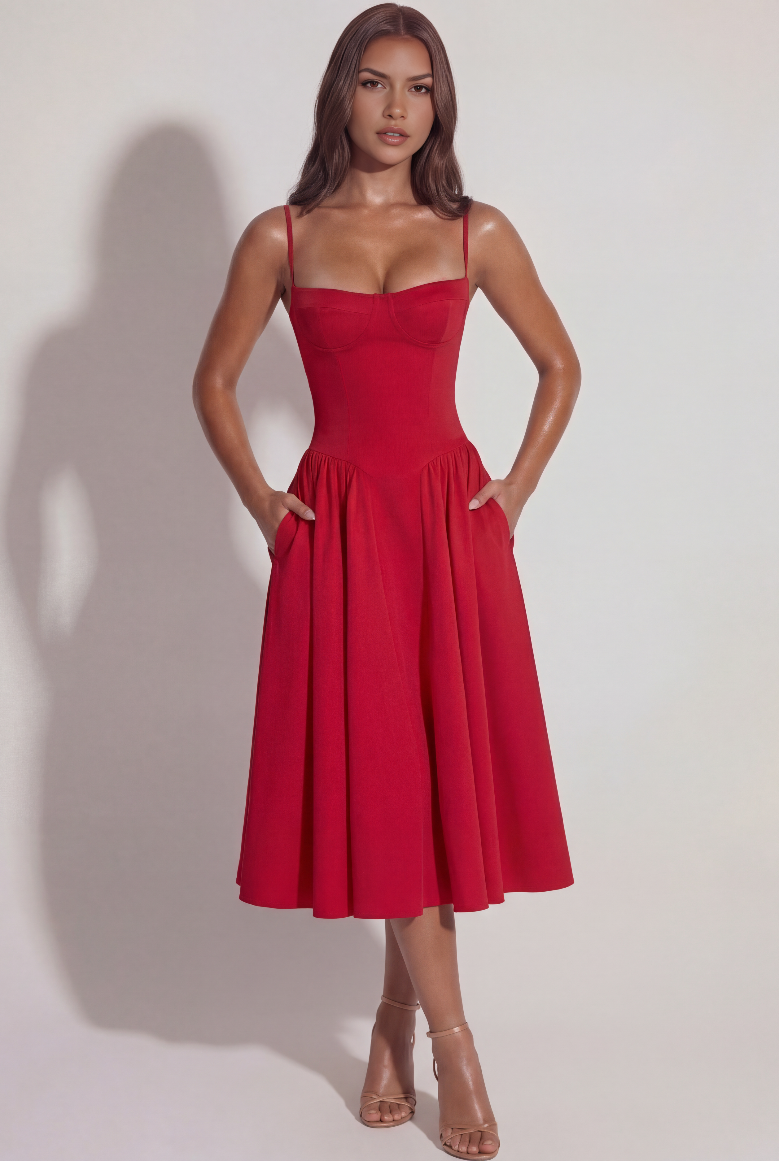Abito midi Francesca twill rosso Bella di Roma – gonna raccolta