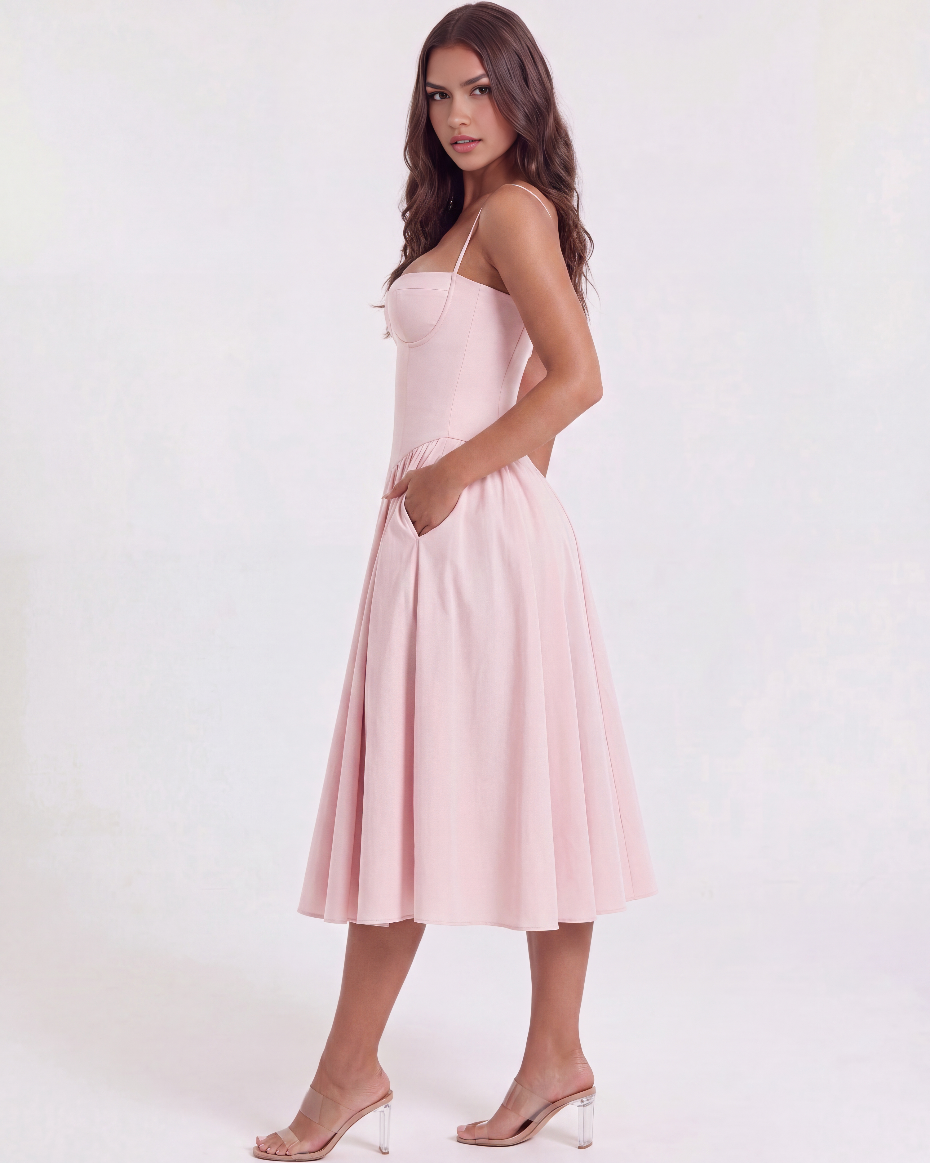 Abito midi Francesca twill rosa chiaro Bella di Roma – gonna arricciata