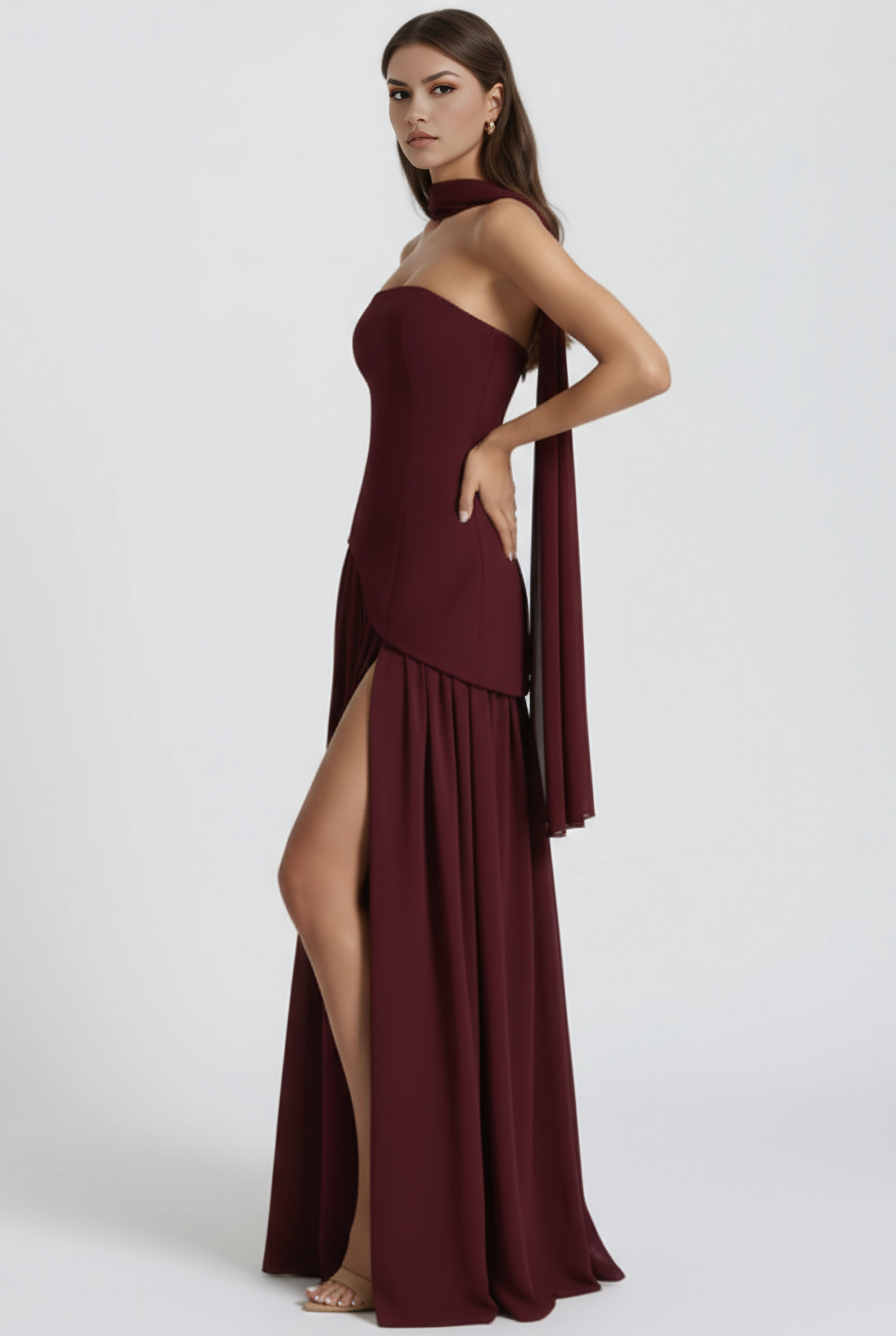 Abito maxi Serena lacca ciliegia Bella di Roma – sciarpa coordinata