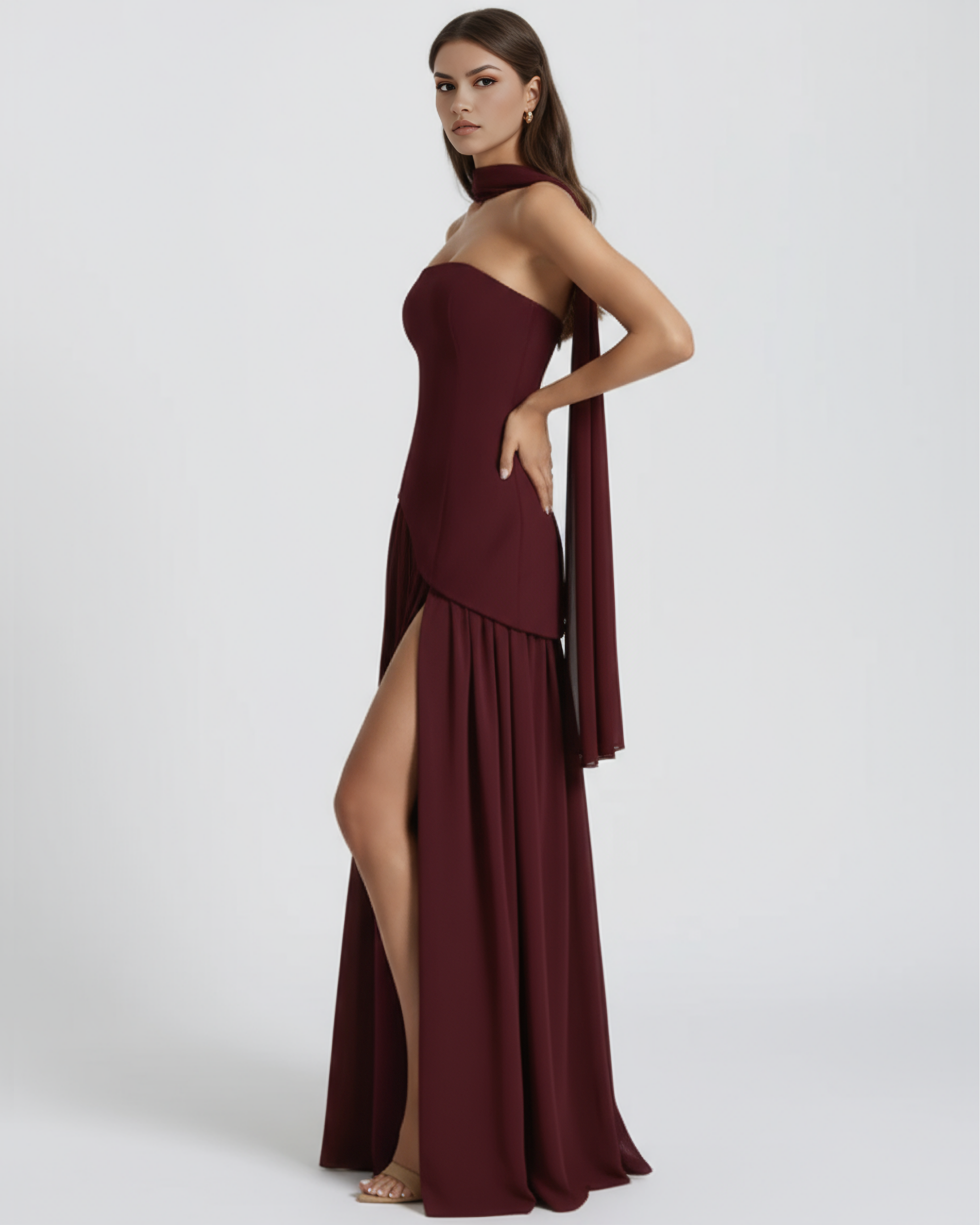 Abito maxi Serena borgogna Bella di Roma – foulard incluso