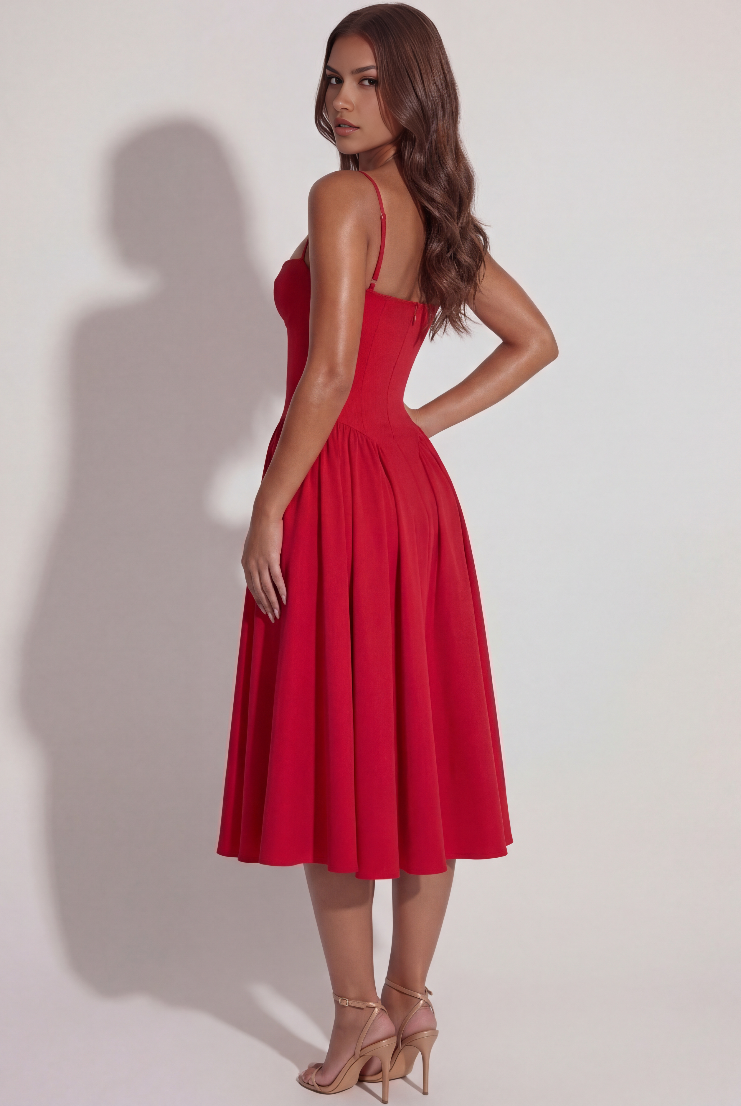 Abito midi Francesca twill rosso Bella di Roma – zip retro