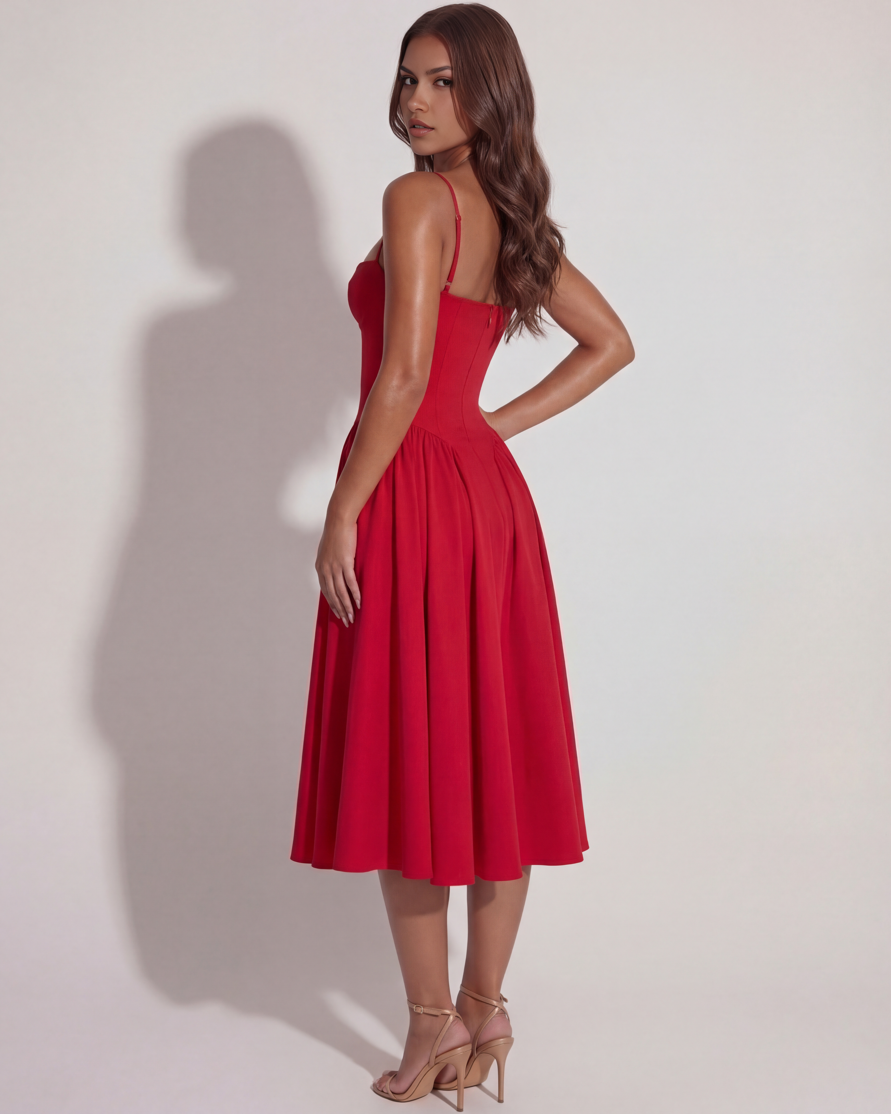 Abito midi Francesca twill rosso Bella di Roma – lunghezza 119 cm