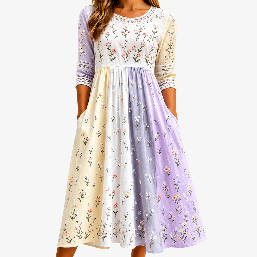 Abito midi con patchwork di motivi floreali nei toni lavanda