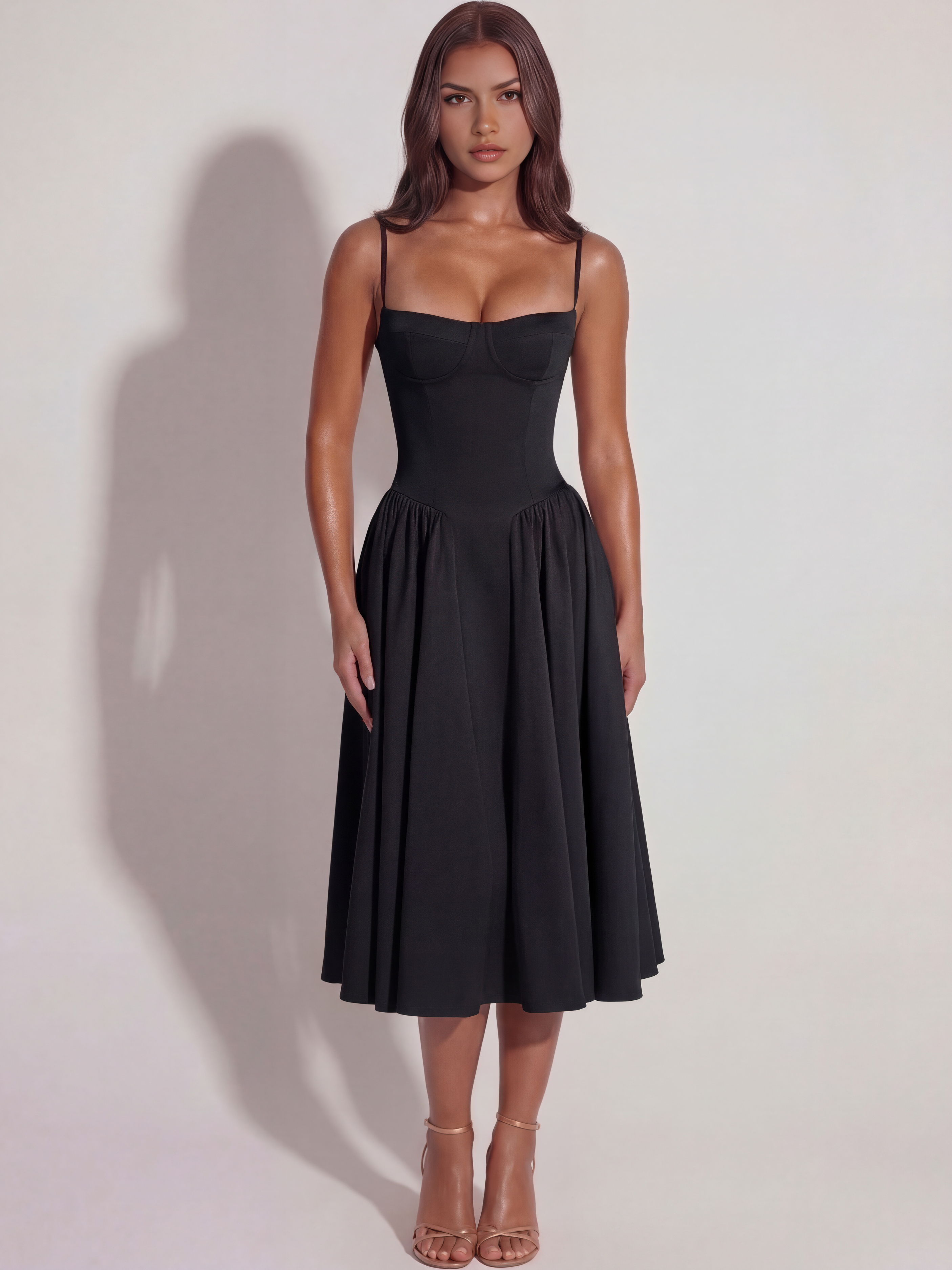 Abito midi Francesca twill nero sera Bella di Roma – scollo cuore imbottito