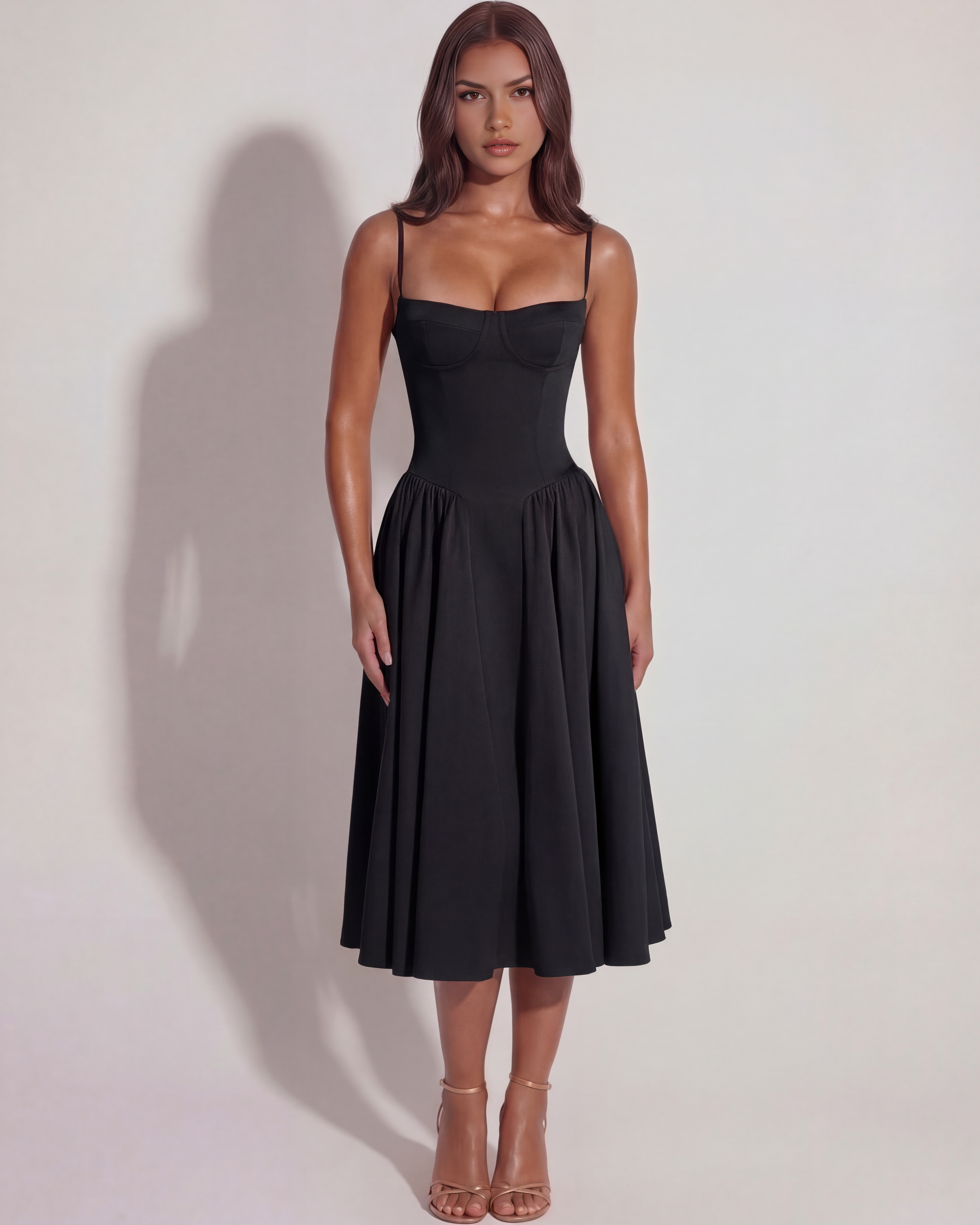 Abito midi Francesca twill nero Bella di Roma – scollo cuore imbottito