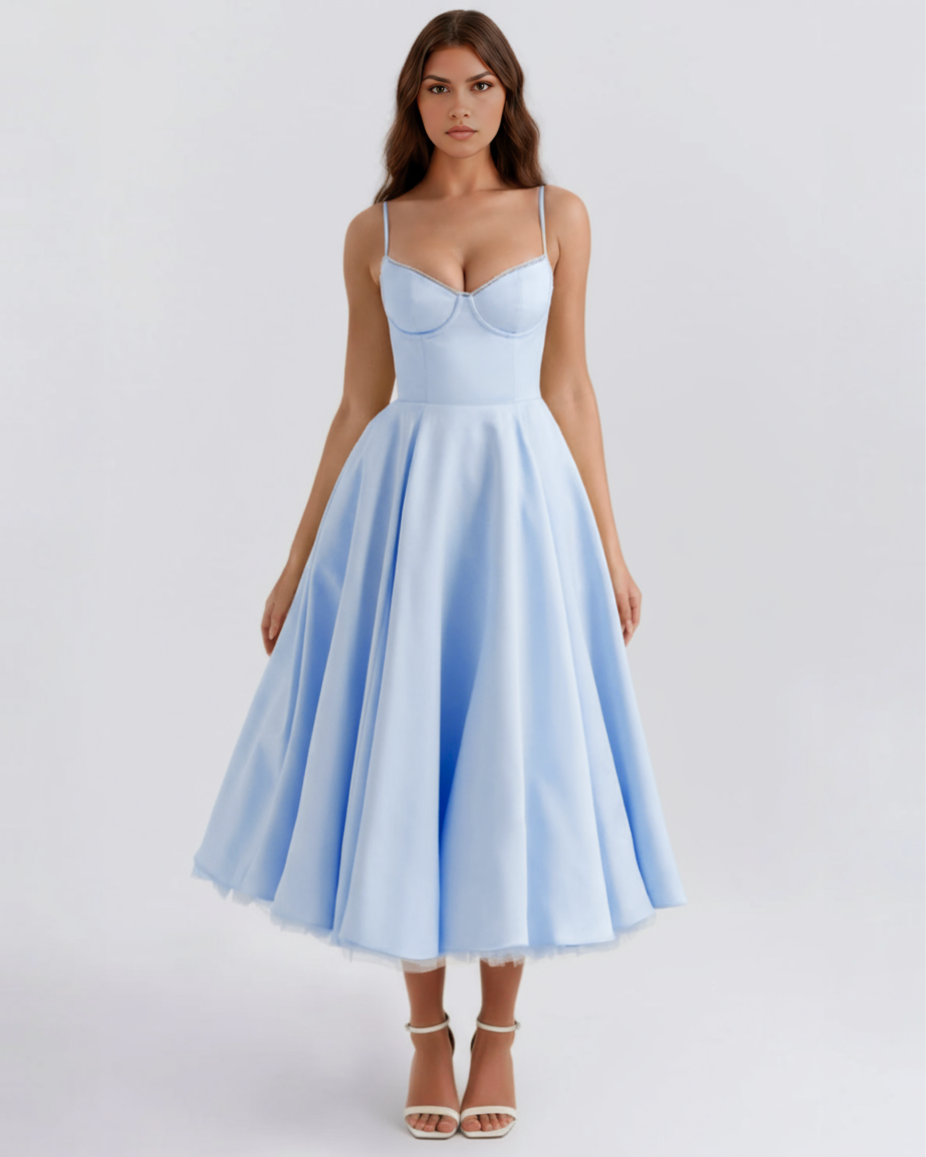 Abito Midi Selene Blu Baby Satin Bella di Roma – vista frontale